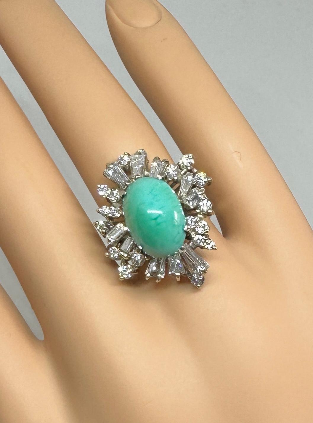 Cabochon Persian Turquoise 2.5 Carat Diamond Ring Antique Retro Baguette Diamond Halo For Sale