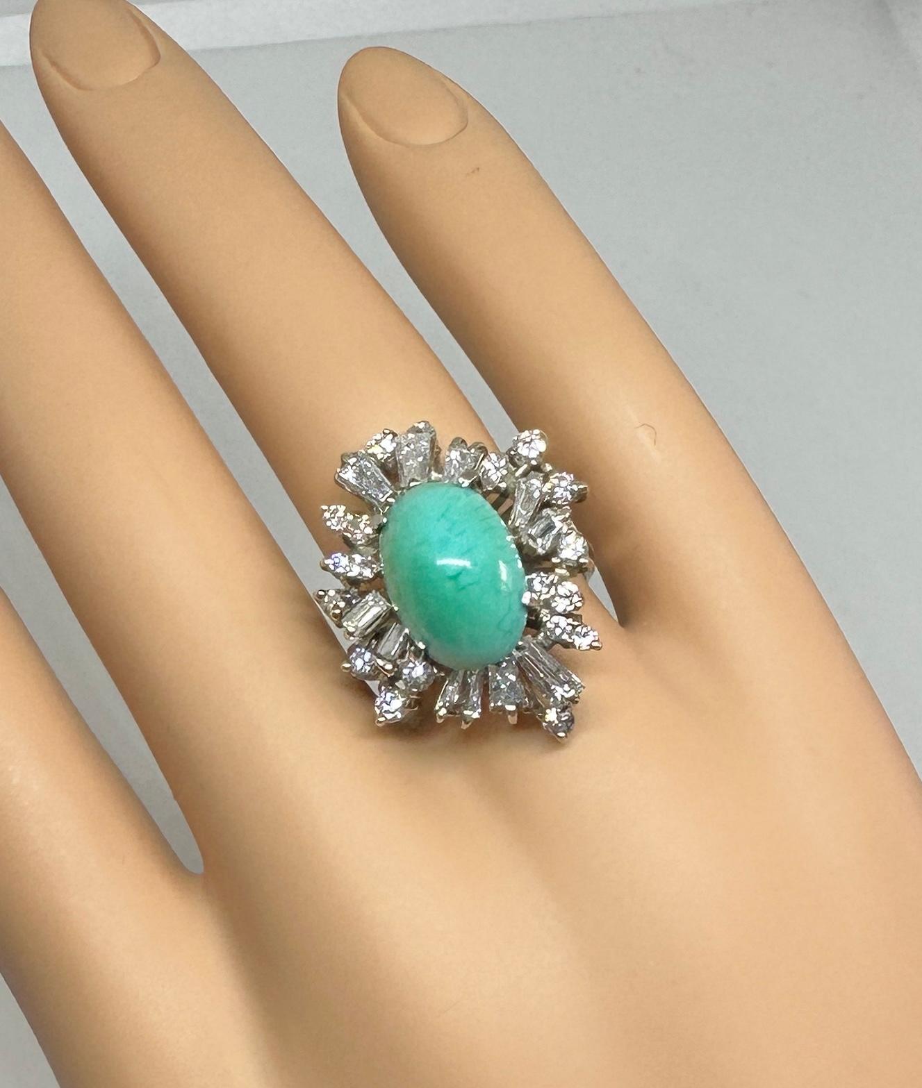 Persian Turquoise 2.5 Carat Diamond Ring Antique Retro Baguette Diamond Halo In Excellent Condition For Sale In New York, NY