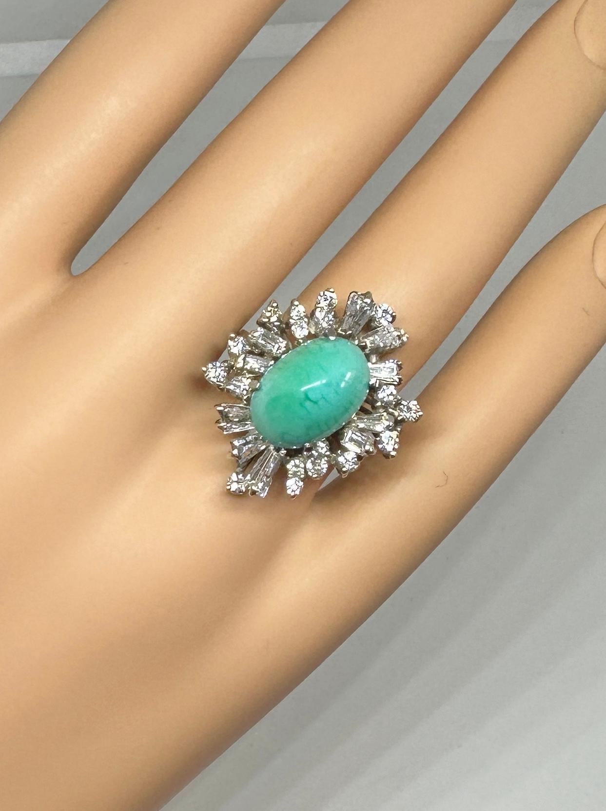 Persian Turquoise 2.5 Carat Diamond Ring Antique Retro Baguette Diamond Halo For Sale 1