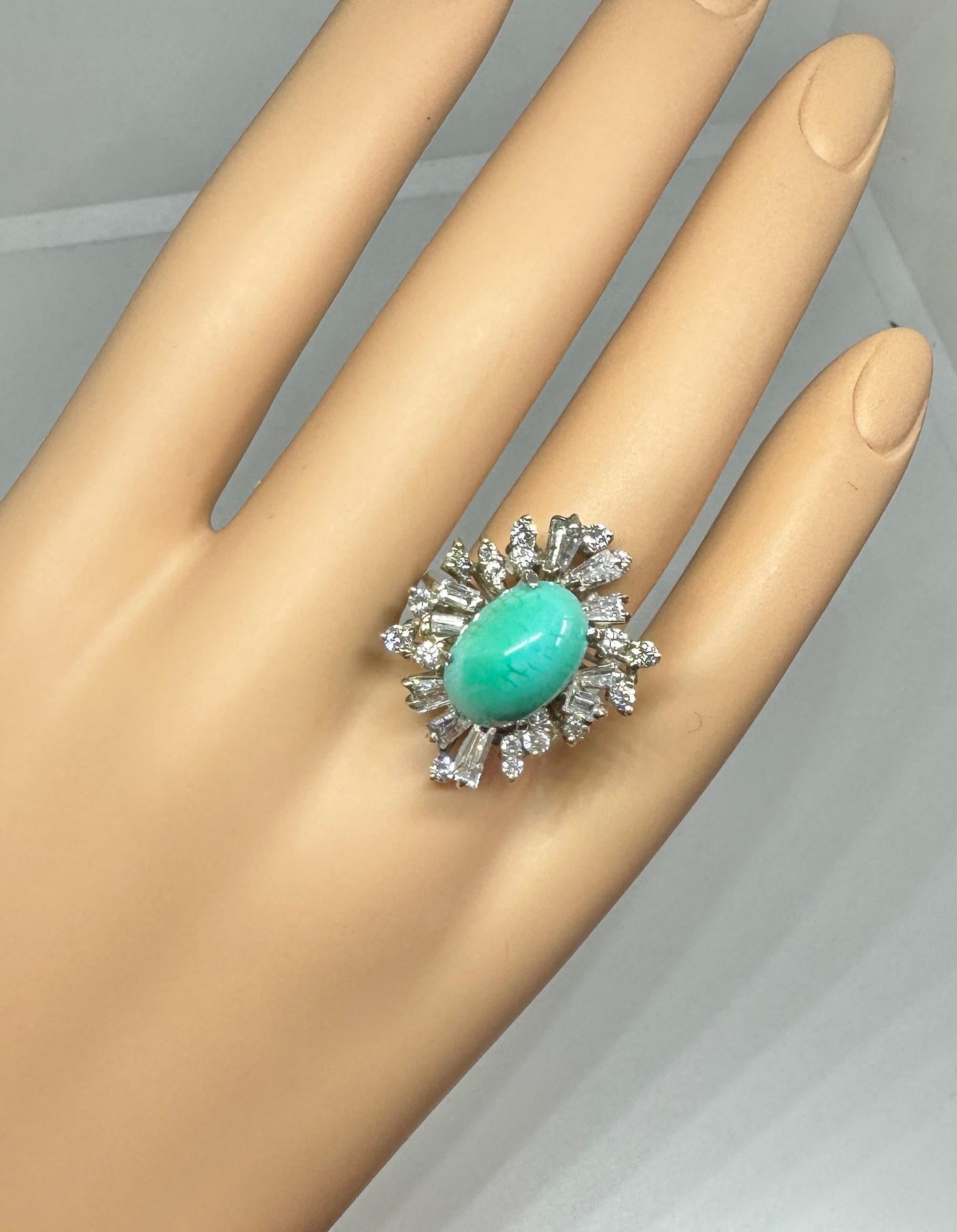 Persian Turquoise 2.5 Carat Diamond Ring Antique Retro Baguette Diamond Halo For Sale 3