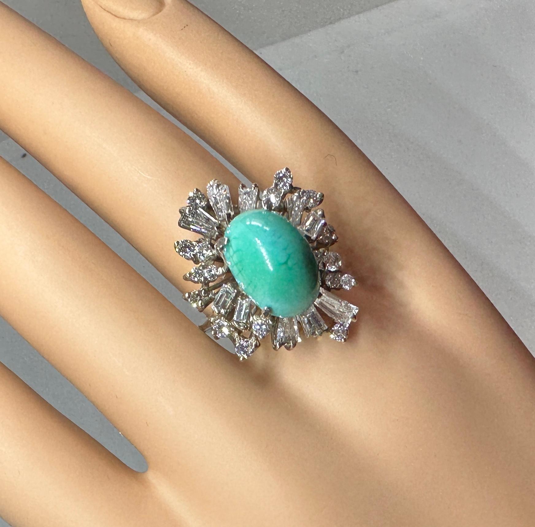 Persian Turquoise 2.5 Carat Diamond Ring Antique Retro Baguette Diamond Halo For Sale 4