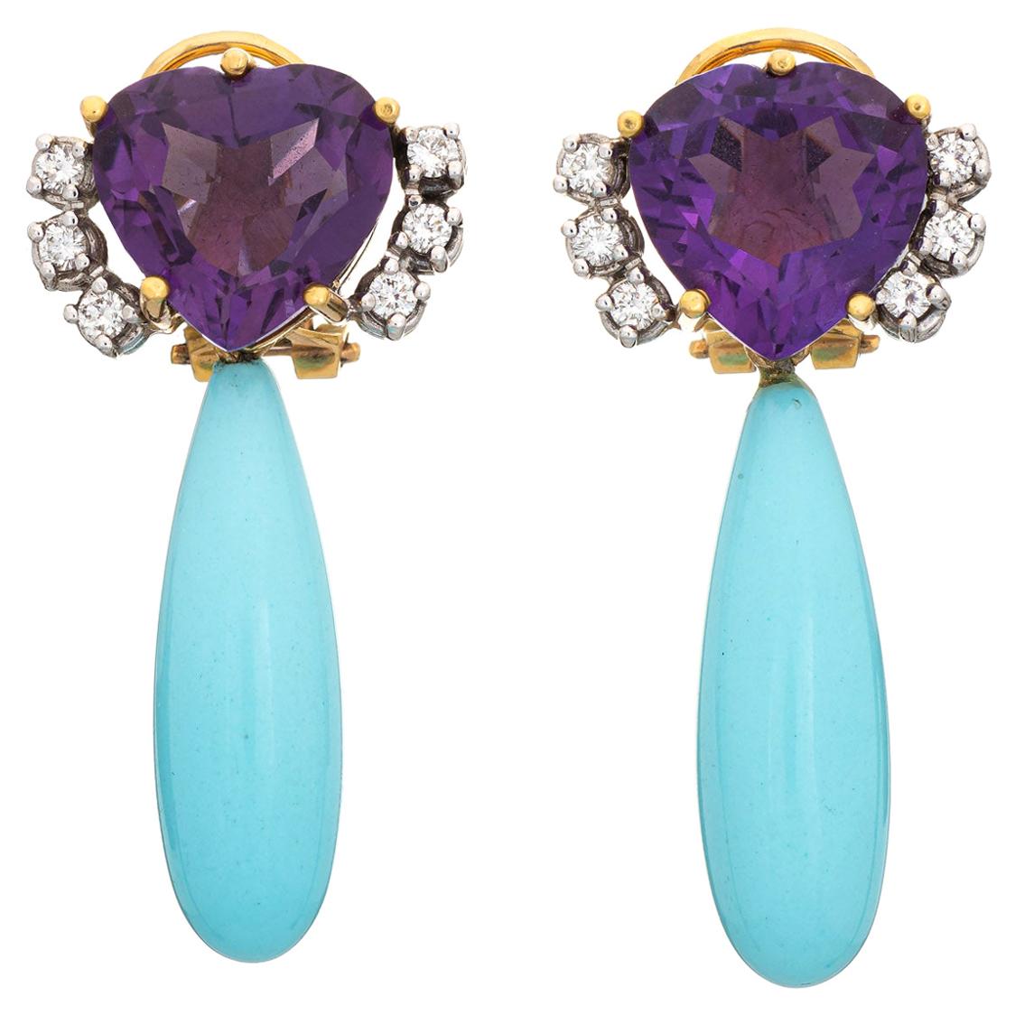 Persian Turquoise Amethyst Diamond Earrings Pendant Drops Vintage 18 Karat Gold