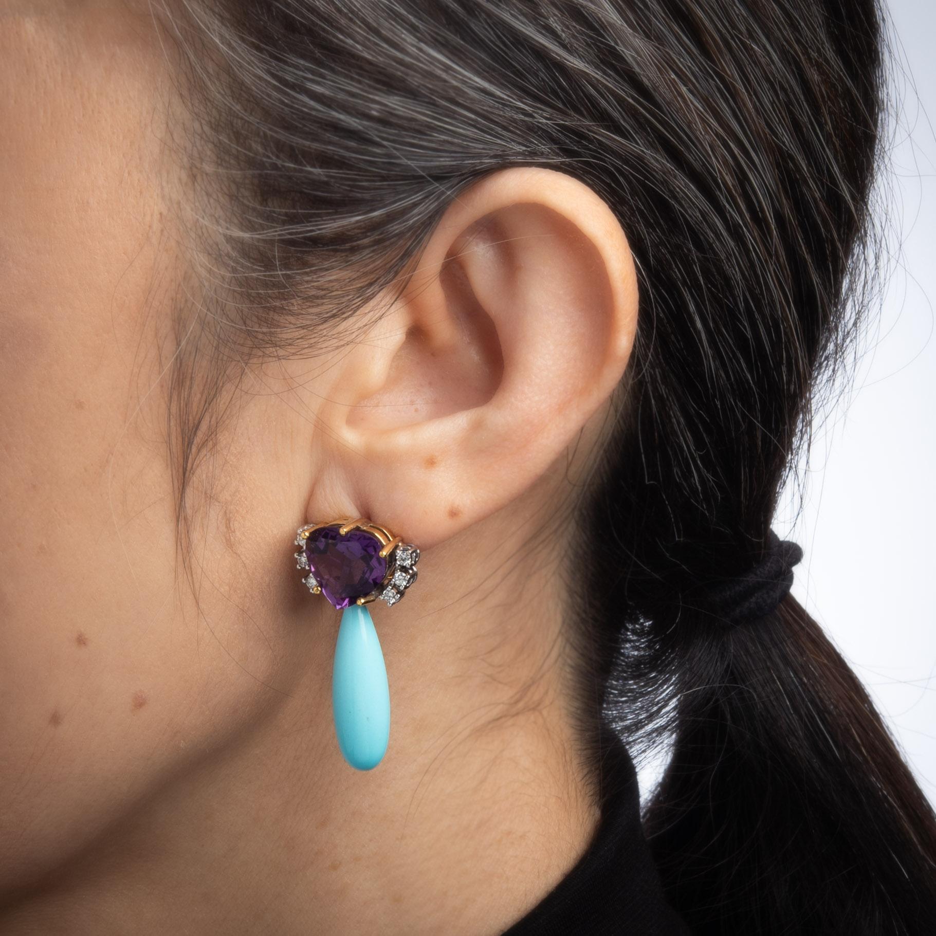 Modern Persian Turquoise Amethyst Diamond Earrings Pendant Drops Vintage 18 Karat Gold