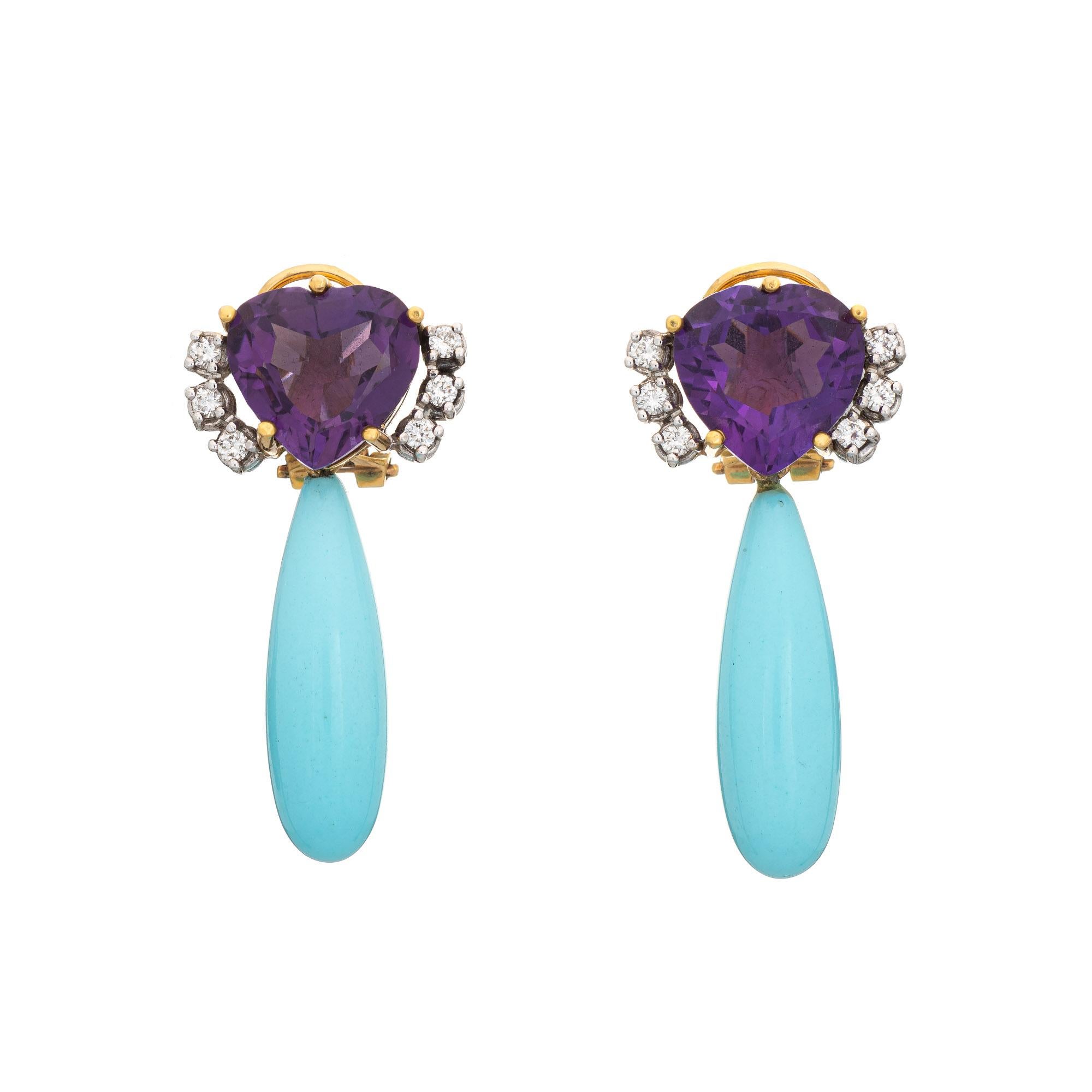 Heart Cut Persian Turquoise Amethyst Diamond Earrings Pendant Drops Vintage 18 Karat Gold