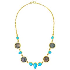 Persian Turquoise and Ancient Roman Bronze Coin 22 Karat Gold Collar Necklace