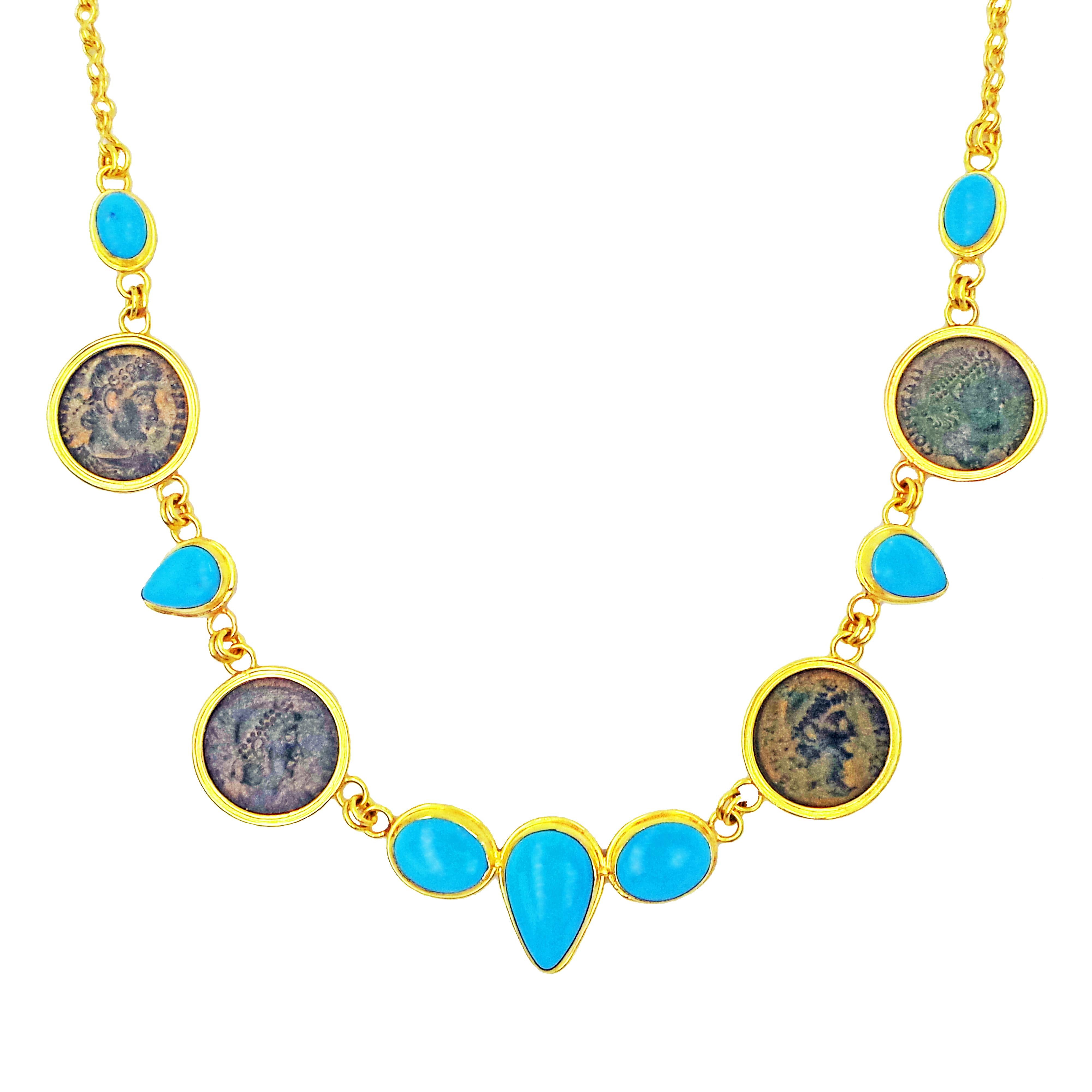 Beautiful, one-of-a-kind collar necklace featuring seven Persian Turquoise gemstones and four authentic ancient Roman bronze coins (Constantius II, 337-361 AD) set in 22k yellow gold and connected with chain. Necklace is finished with a 18k gold