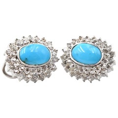 Persian Turquoise and Diamond 14 Karat White Gold Earrings