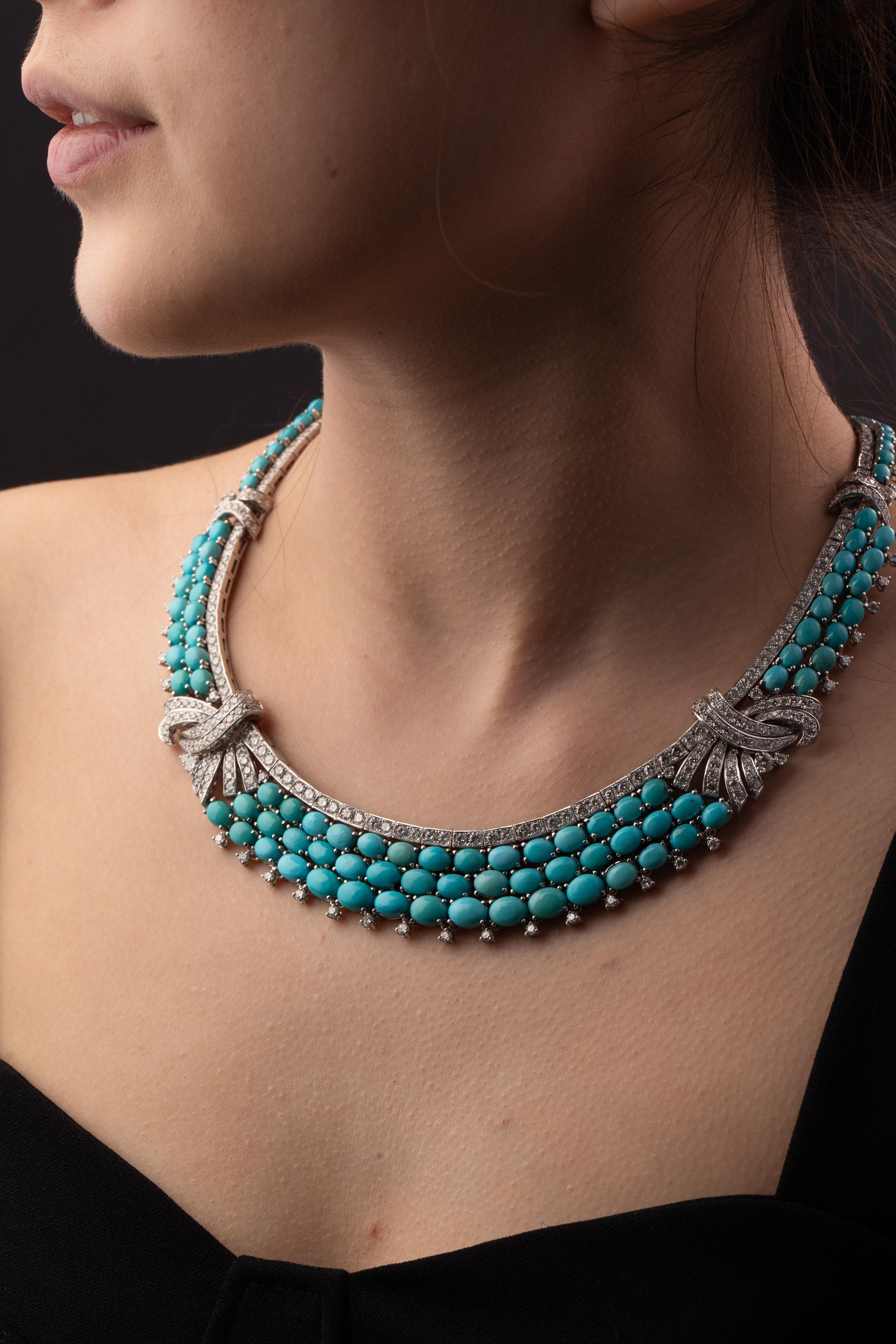 Cabochon Persian Turquoise and Diamond Bow Necklace, Circa 1970 For Sale