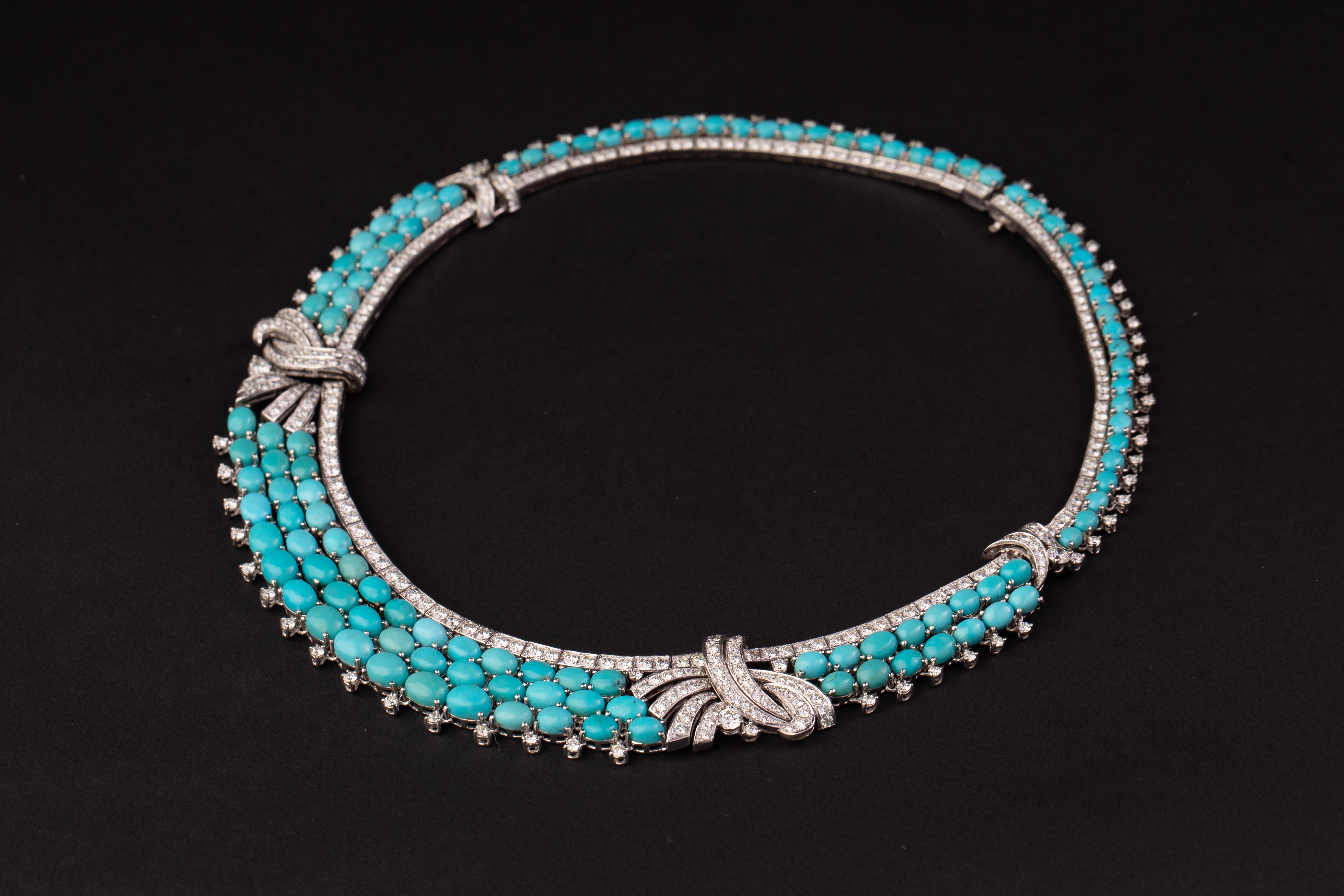 Persian Turquoise and Diamond Bow Necklace, Circa 1970 In Excellent Condition For Sale In New York, NY