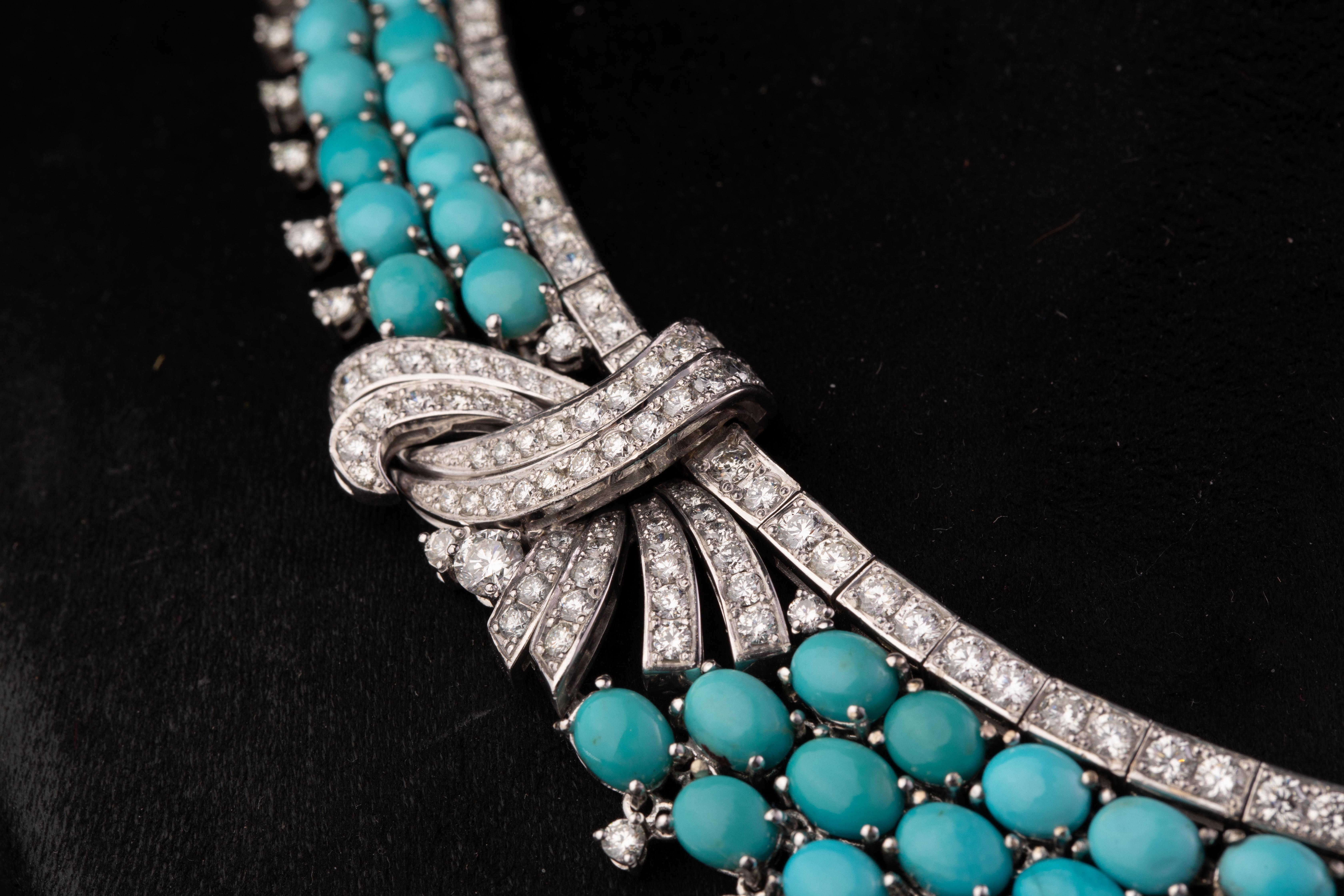 Women's Persian Turquoise and Diamond Bow Necklace, Circa 1970 For Sale