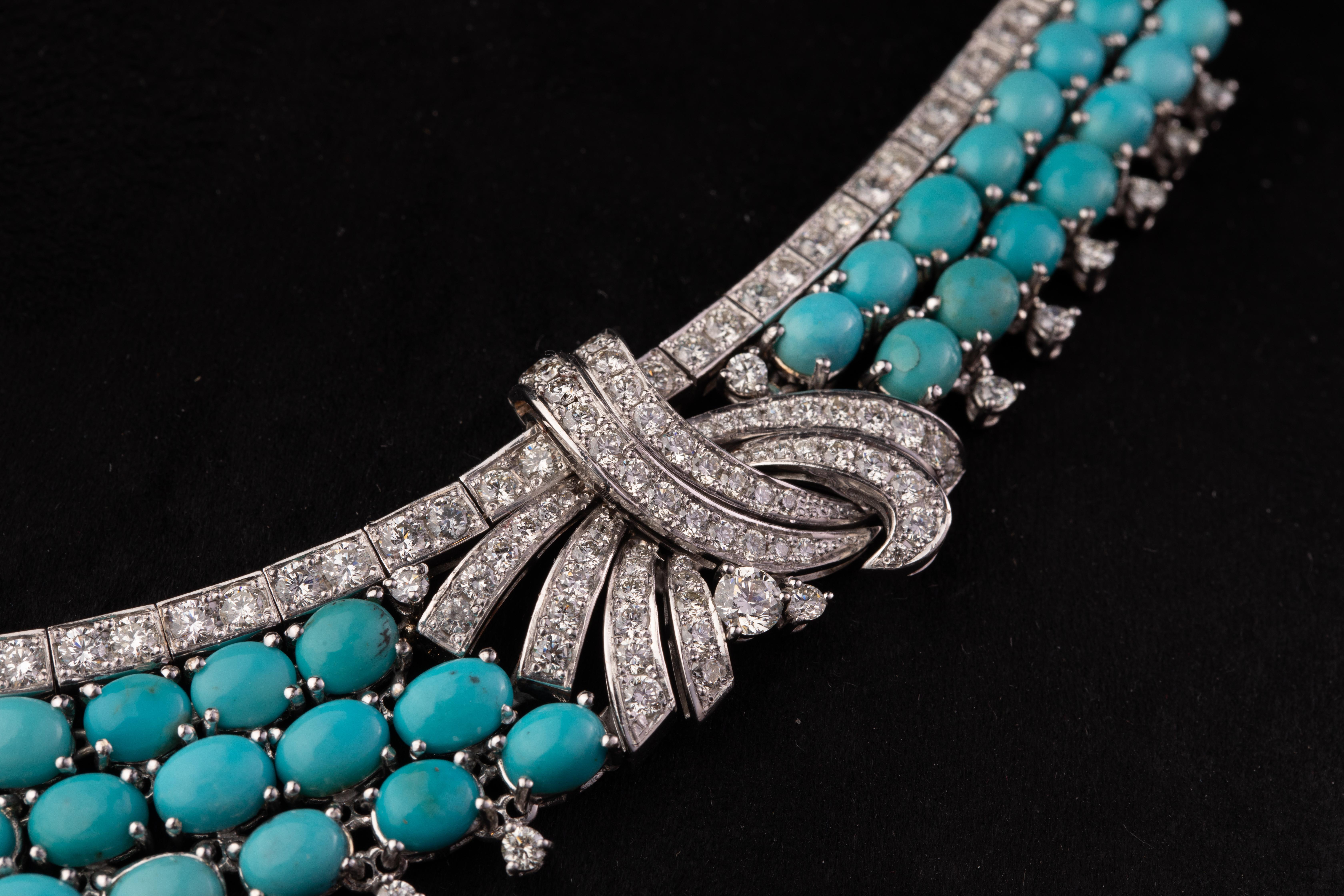Persian Turquoise and Diamond Bow Necklace, Circa 1970 For Sale 1