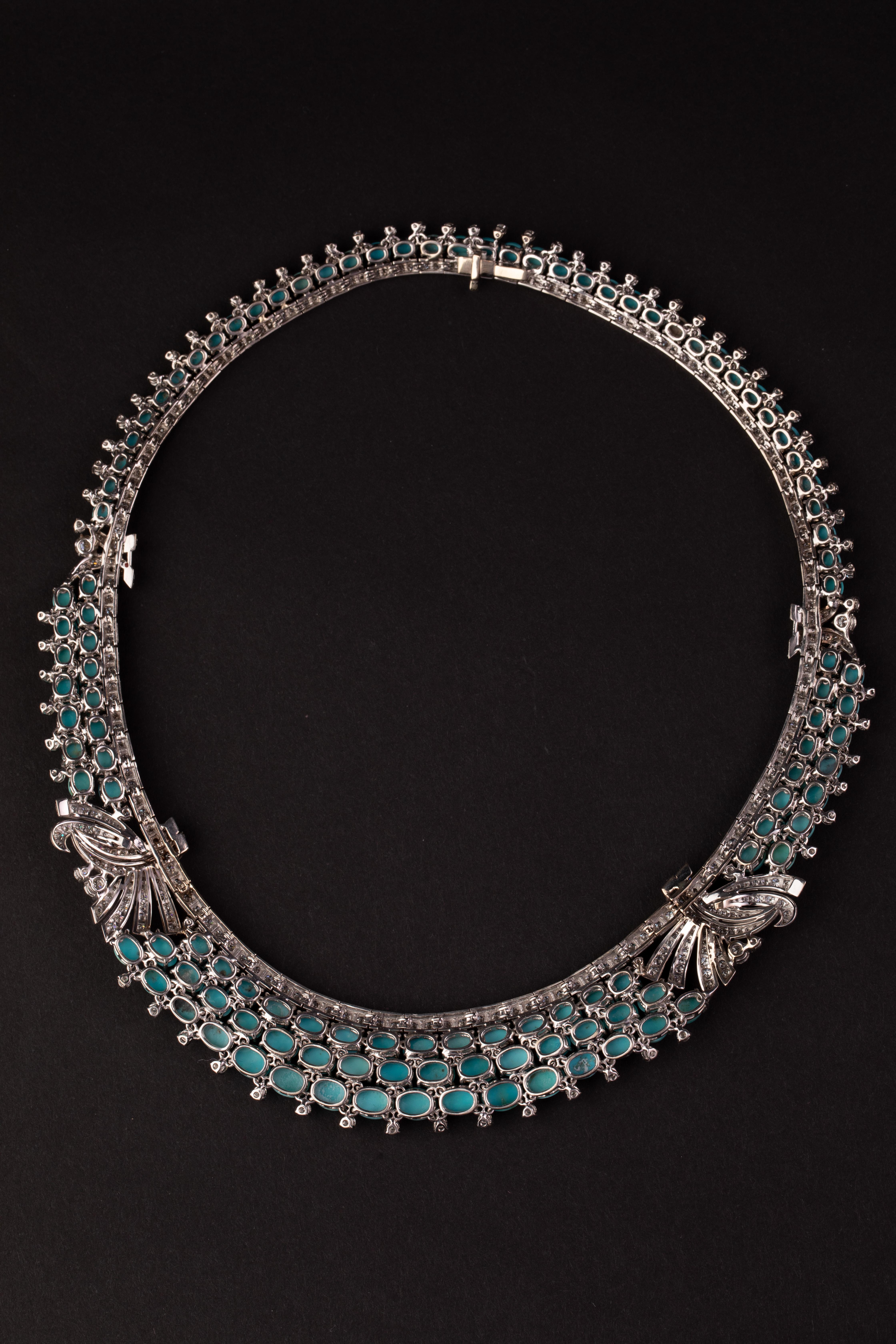 Persian Turquoise and Diamond Bow Necklace, Circa 1970 For Sale 2