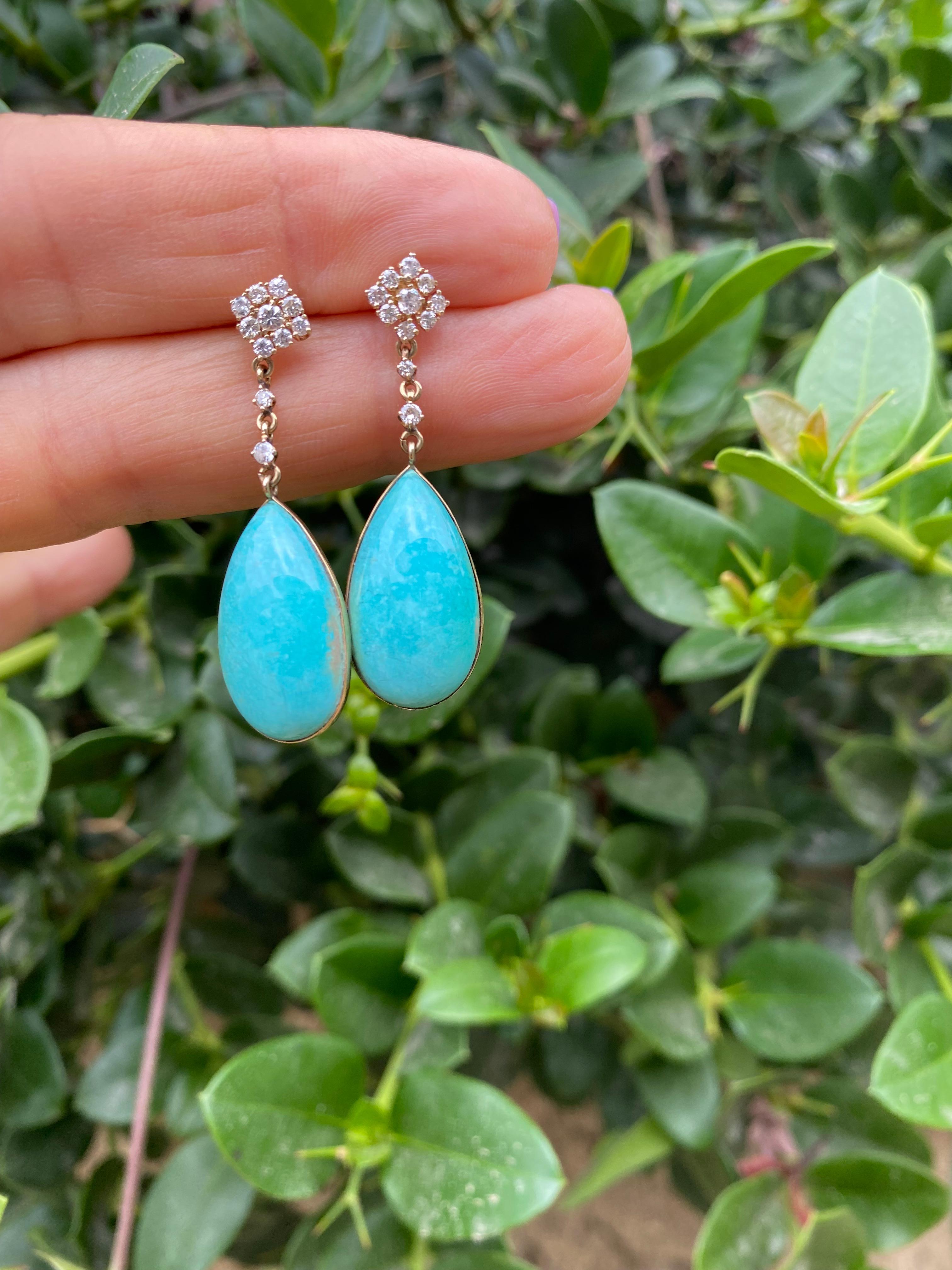 Turquoise and Diamond Dangle Earrings extending 1.70 