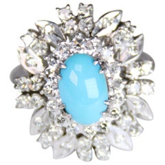 Retro Persian Turquoise and Diamond Flower Cocktail Ring in 18 Karat White Gold