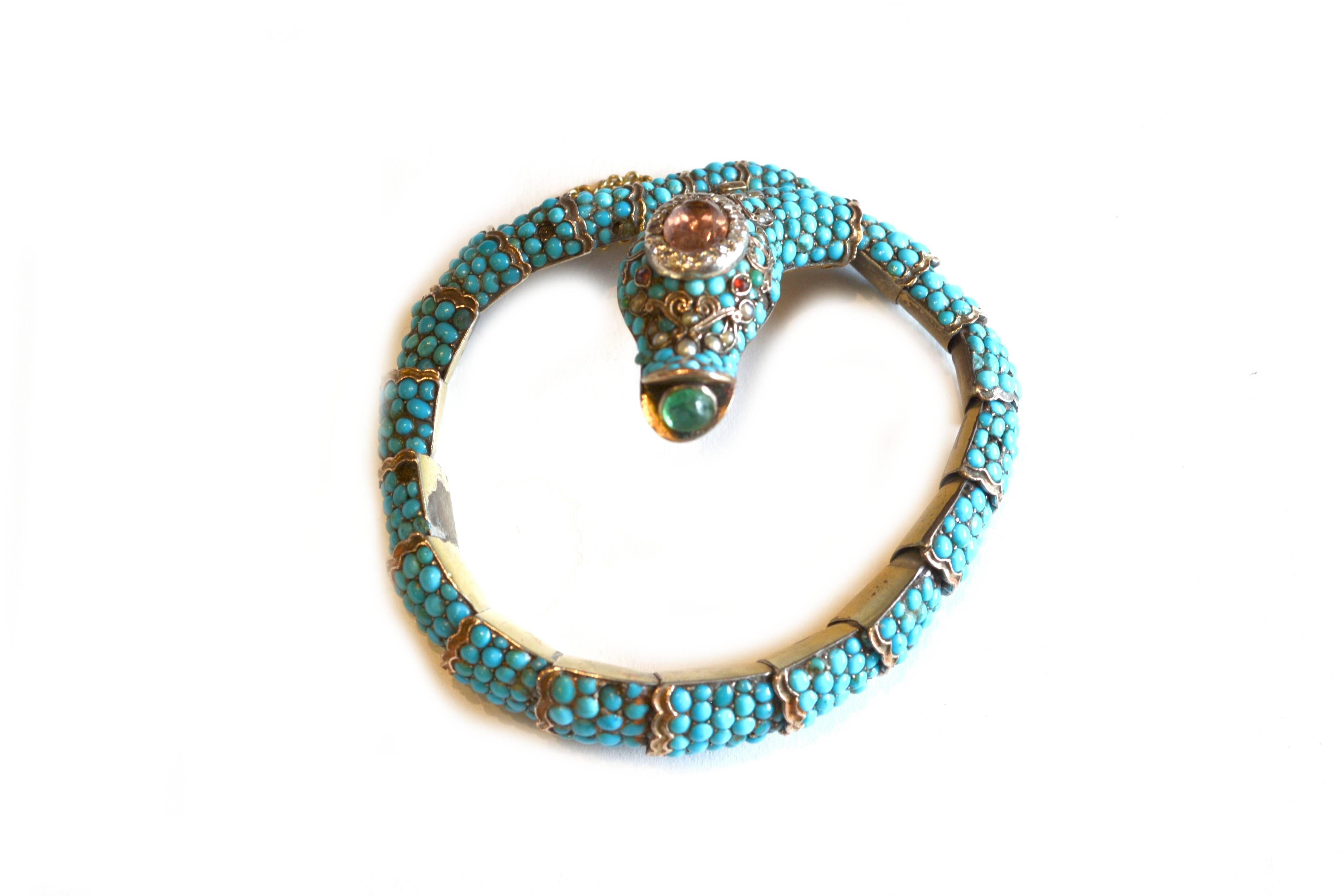 Persian Turquoise and Diamond Antique Snake Bracelet In Good Condition For Sale In Roxbury, CT