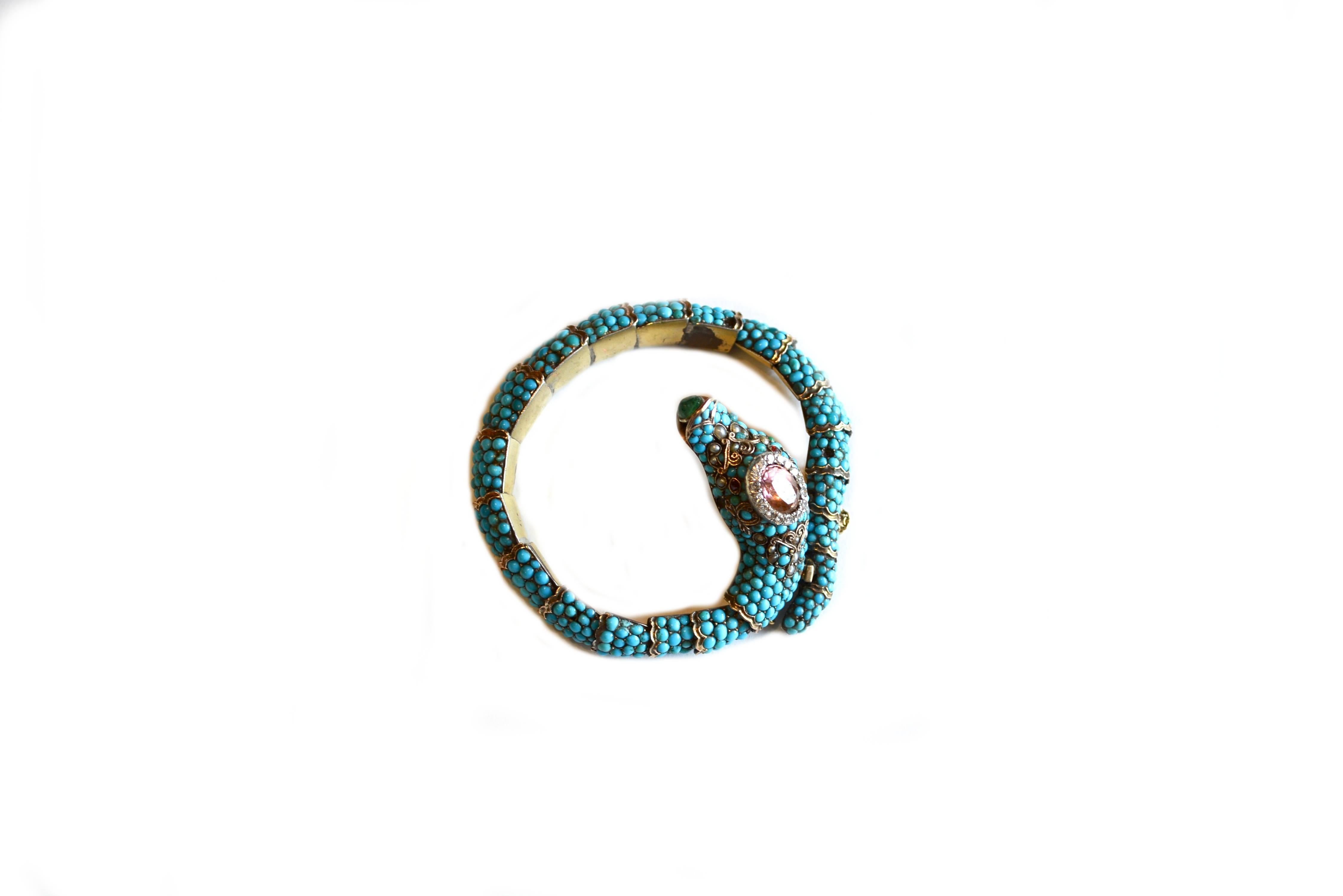 Women's or Men's Persian Turquoise and Diamond Antique Snake Bracelet For Sale