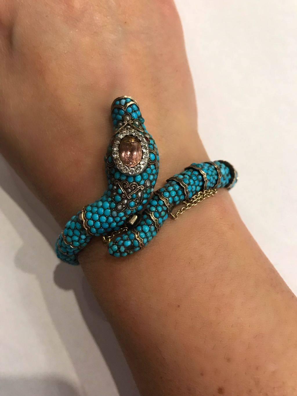 Persian Turquoise and Diamond Antique Snake Bracelet For Sale 1