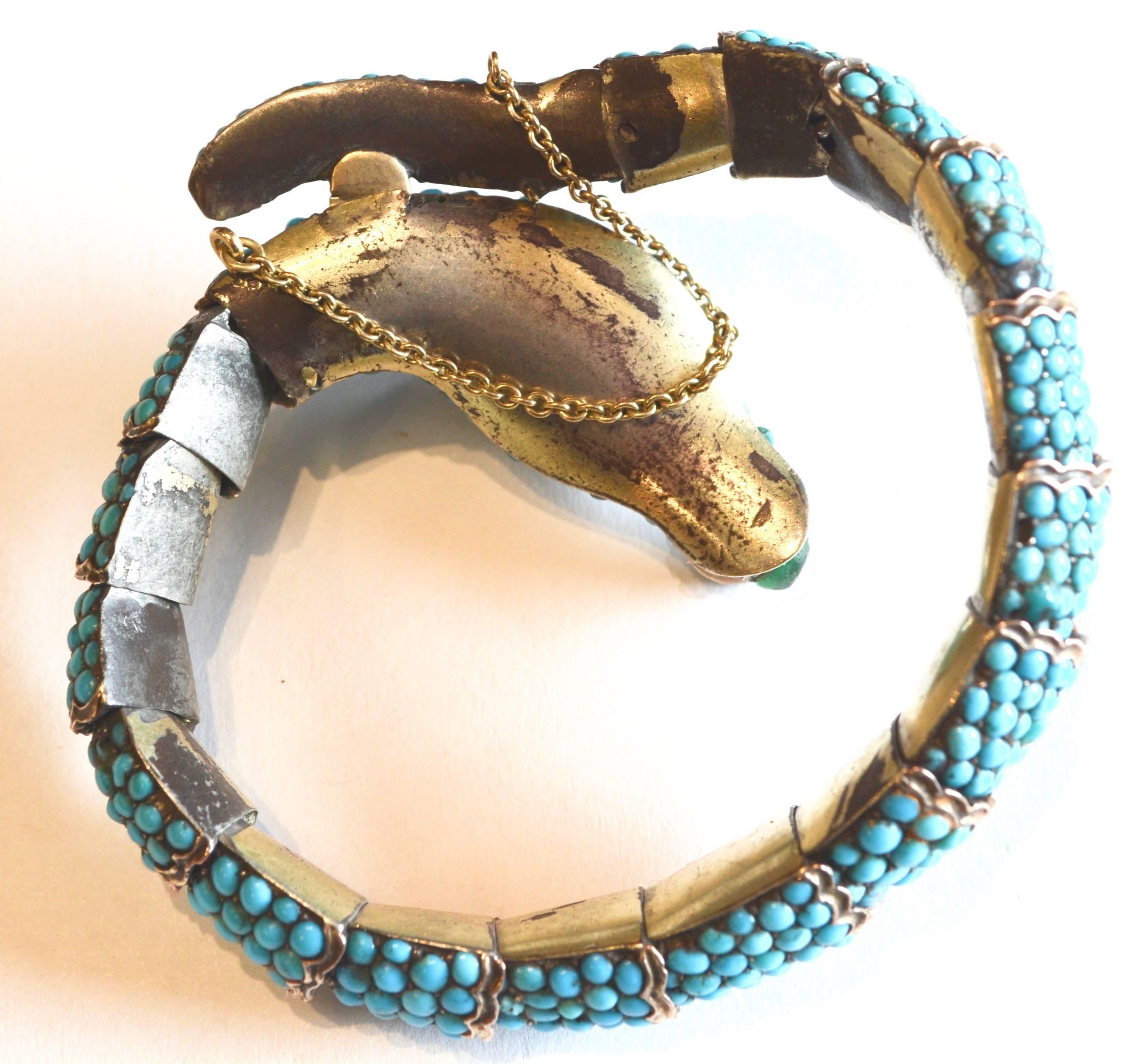 Persian Turquoise and Diamond Antique Snake Bracelet For Sale 2