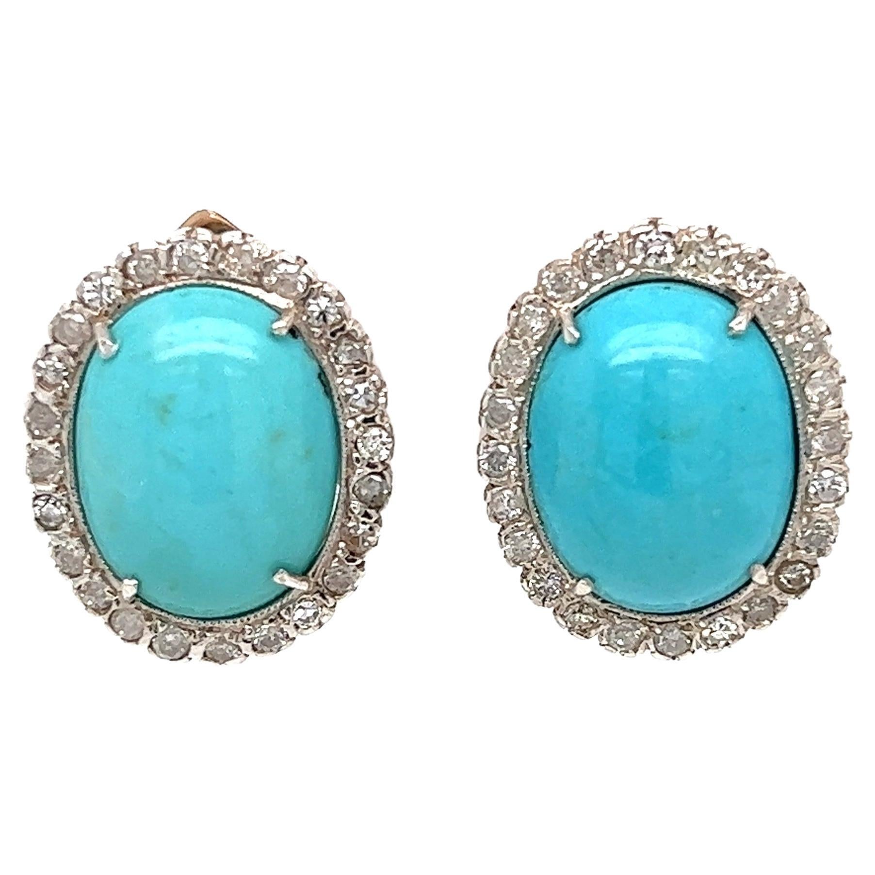 Persian Turquoise and Diamond Gold Halo Earrings Estate Fine Jewelry