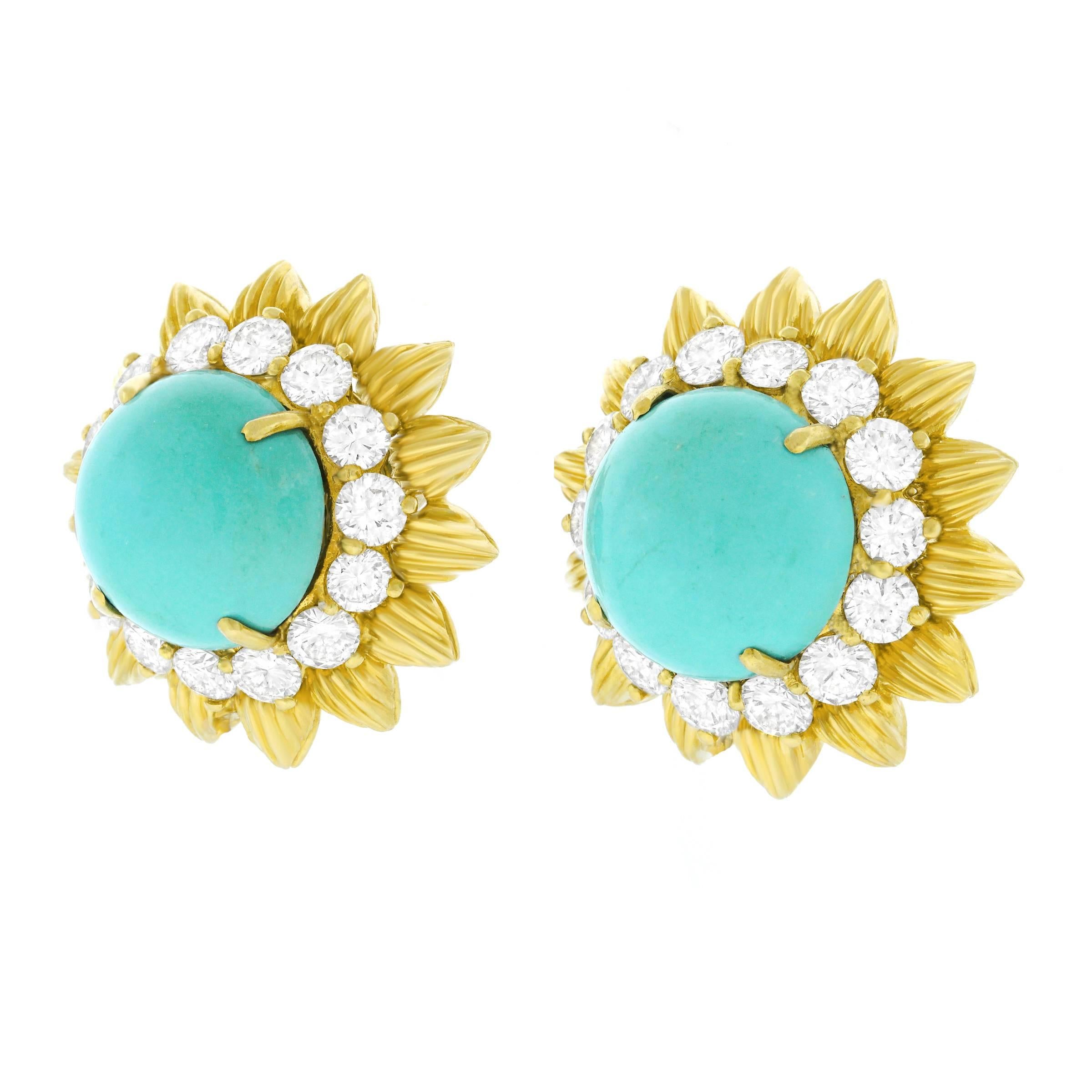 Persian Turquoise and Diamond Set Gold Earrings In Excellent Condition In Litchfield, CT