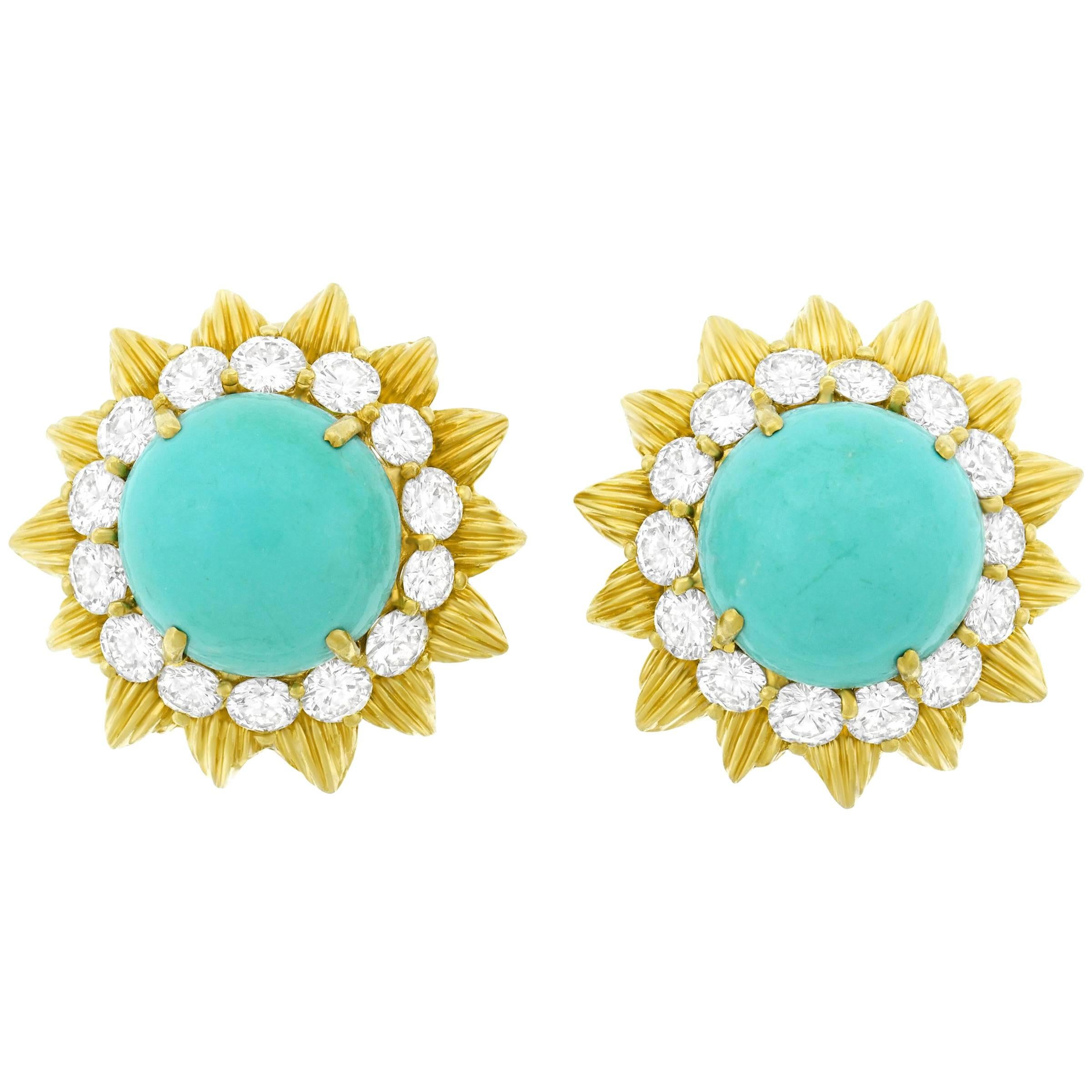 Persian Turquoise and Diamond Set Gold Earrings