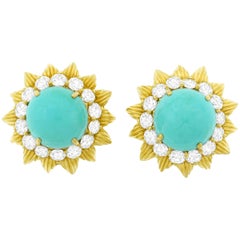 Persian Turquoise and Diamond Set Gold Earrings