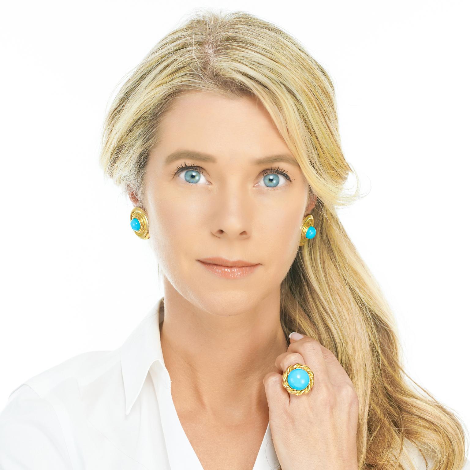 Cabochon Persian Turquoise and Gold Earrings
