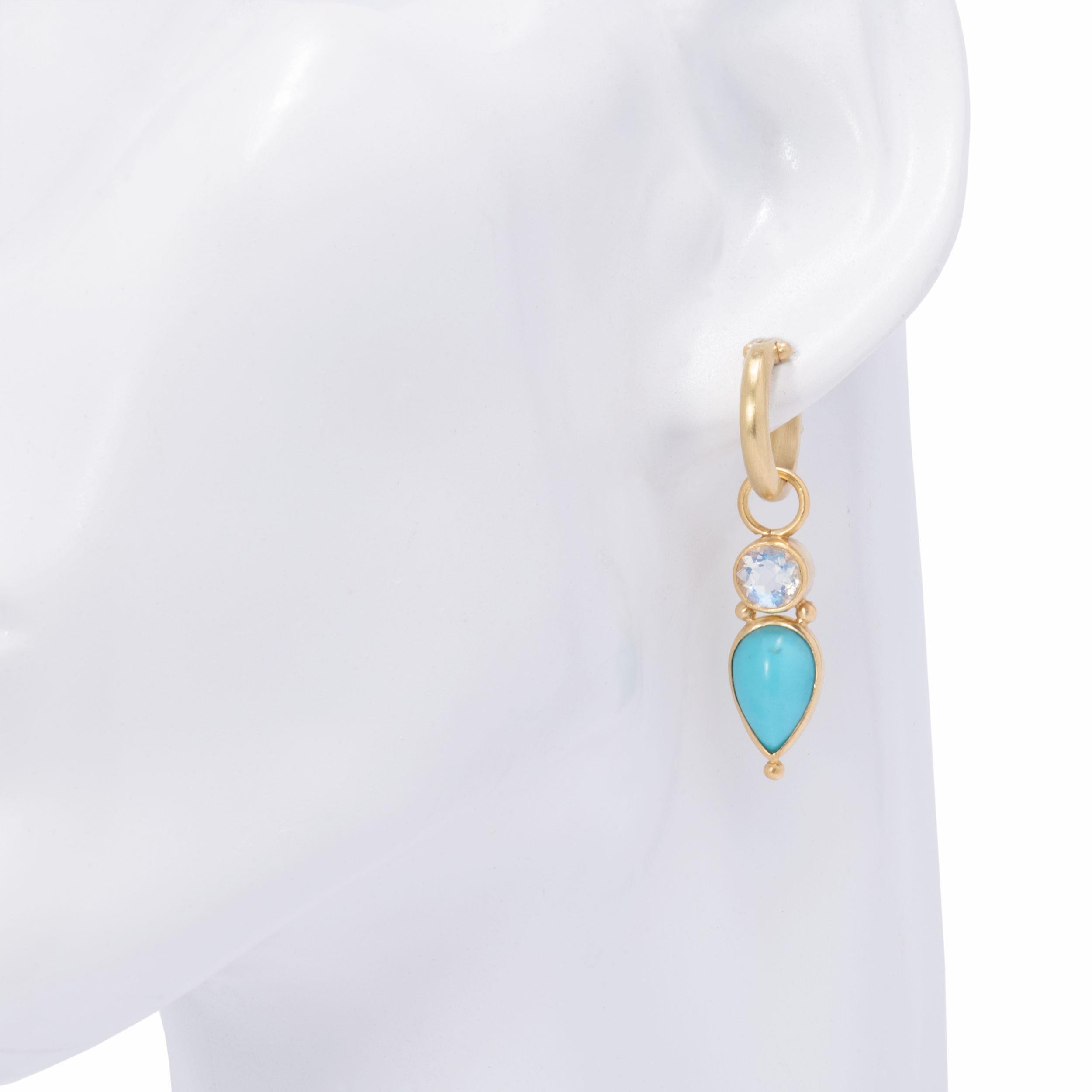 Contemporary Persian Turquoise and Moonstone Drop Earrings in 18 Karat Gold For Sale
