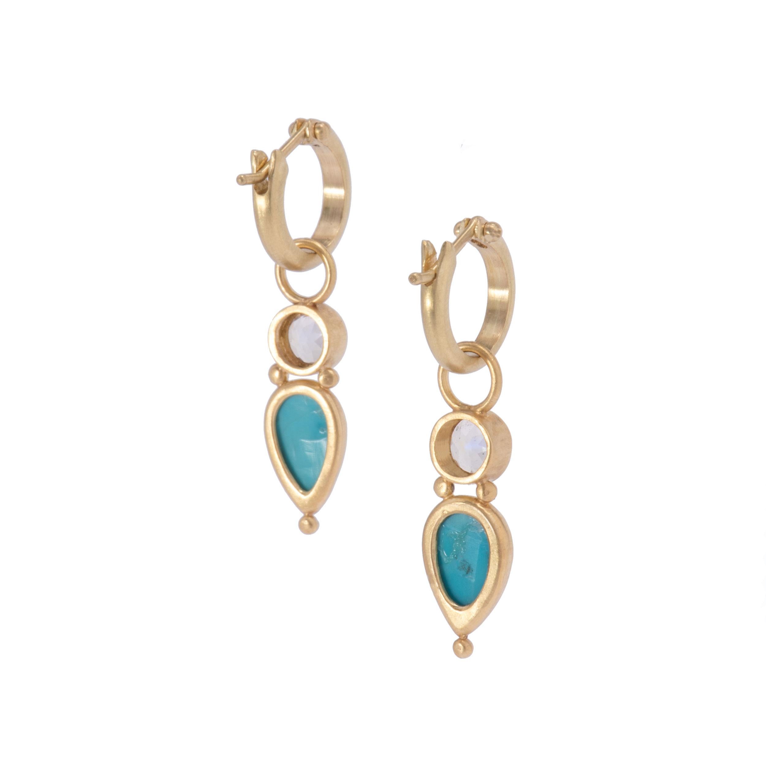 Women's or Men's Persian Turquoise and Moonstone Drop Earrings in 18 Karat Gold For Sale