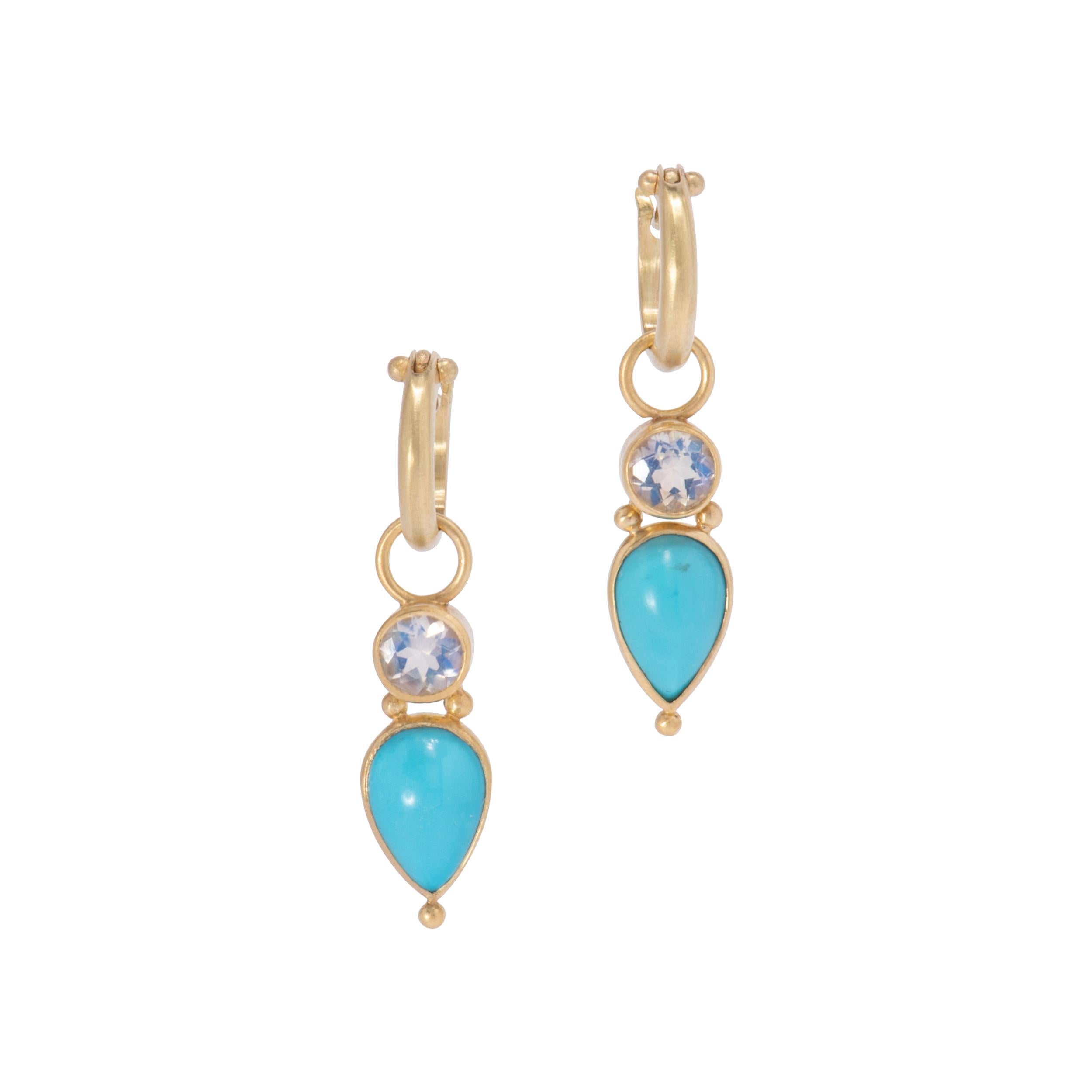 Persian Turquoise and Moonstone Drop Earrings in 18 Karat Gold For Sale