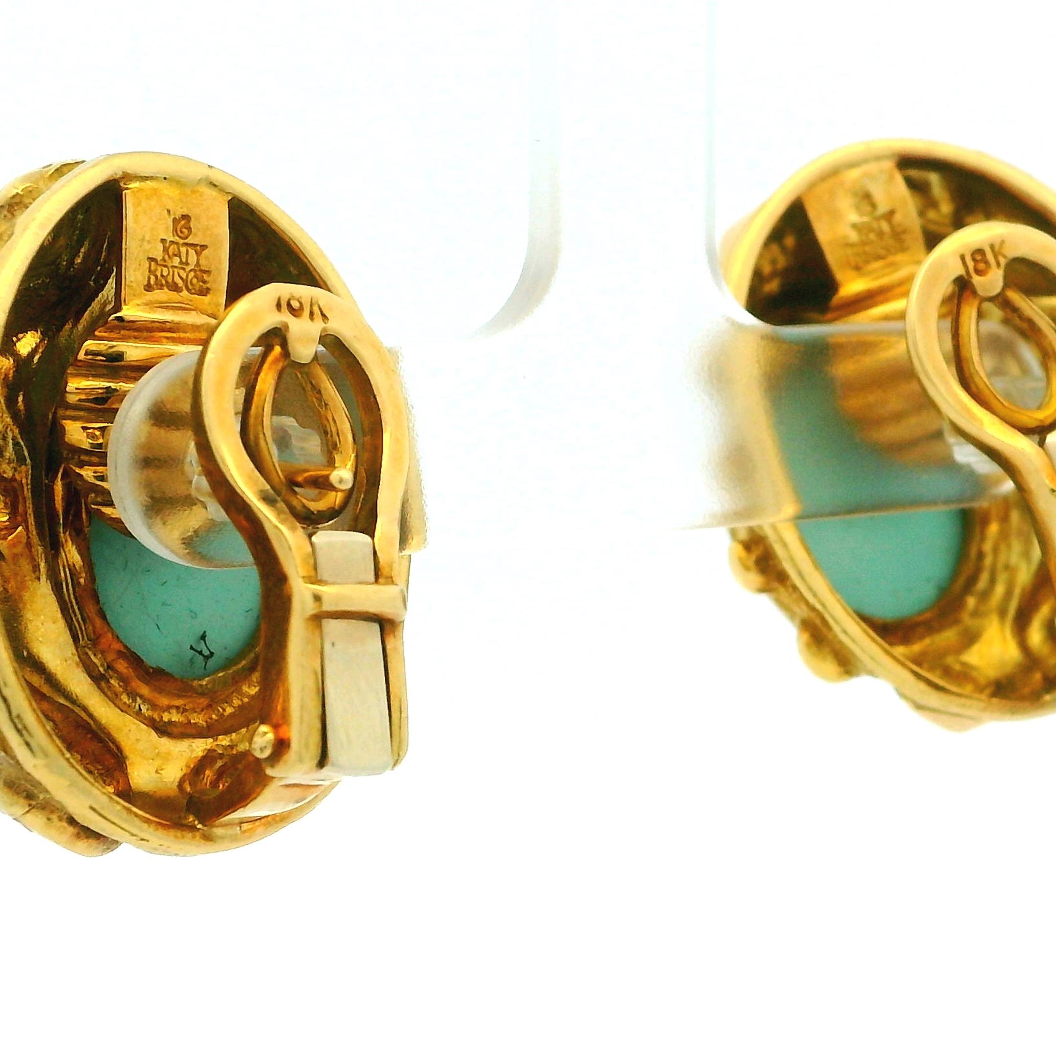 Katy Briscoe Persian Turquoise Cabochon Earrings in 18K Yellow Gold, Circa 1980s For Sale 6