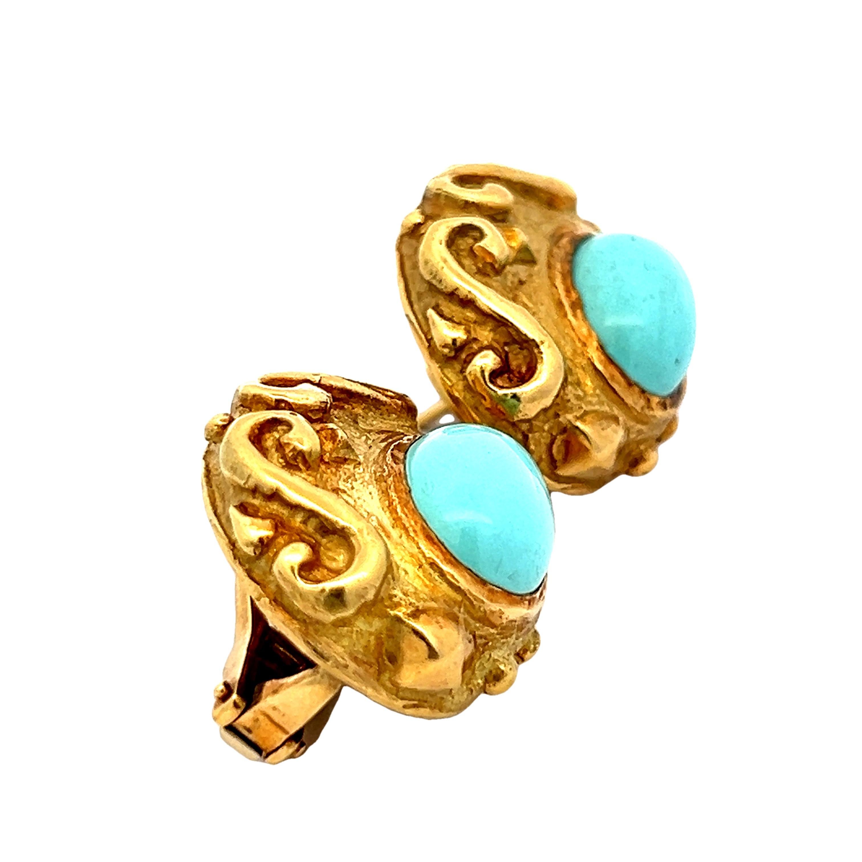 Orecchini con cabochon di turchese persiano in oro giallo 18 carati, circa anni '80 In condizioni ottime in vendita a Miami, FL