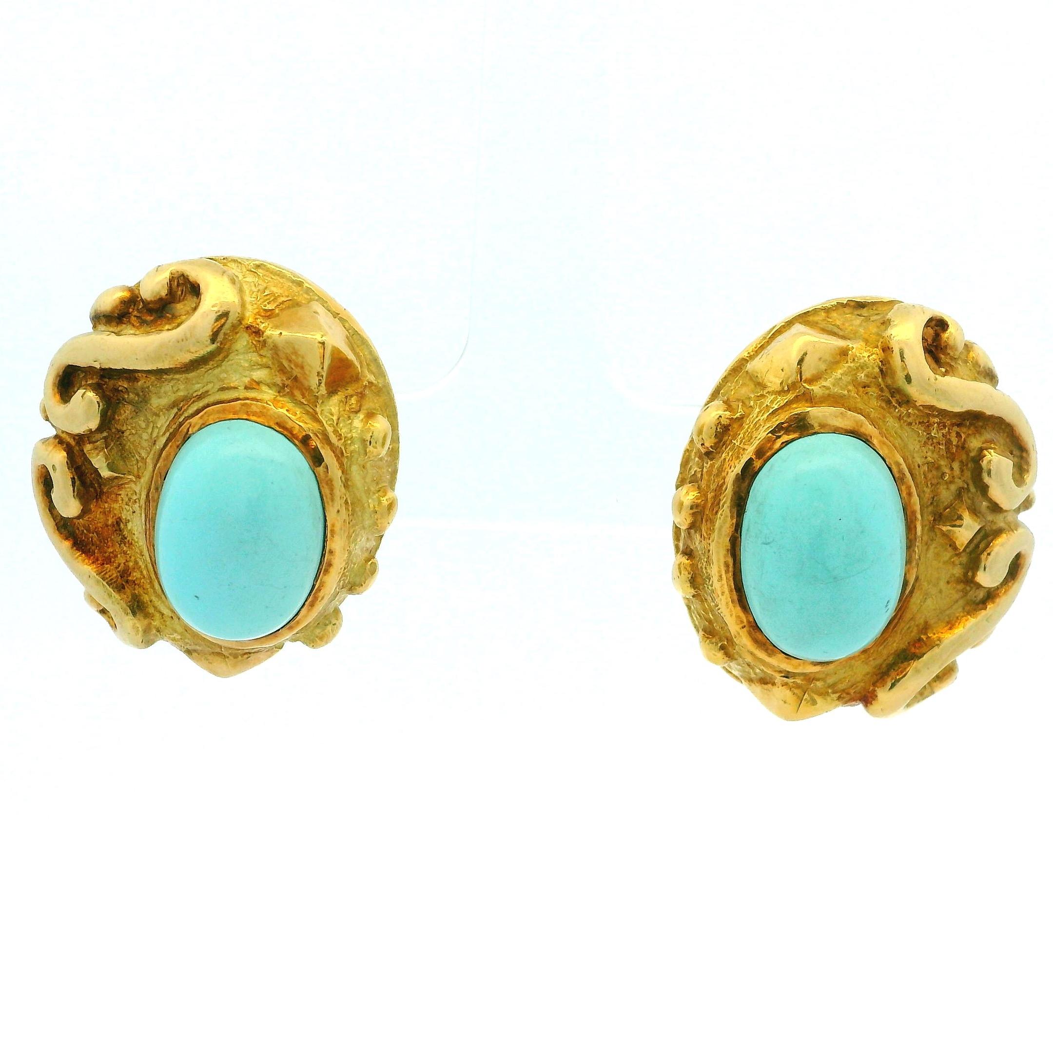 Katy Briscoe Persian Turquoise Cabochon Earrings in 18K Yellow Gold, Circa 1980s For Sale 2