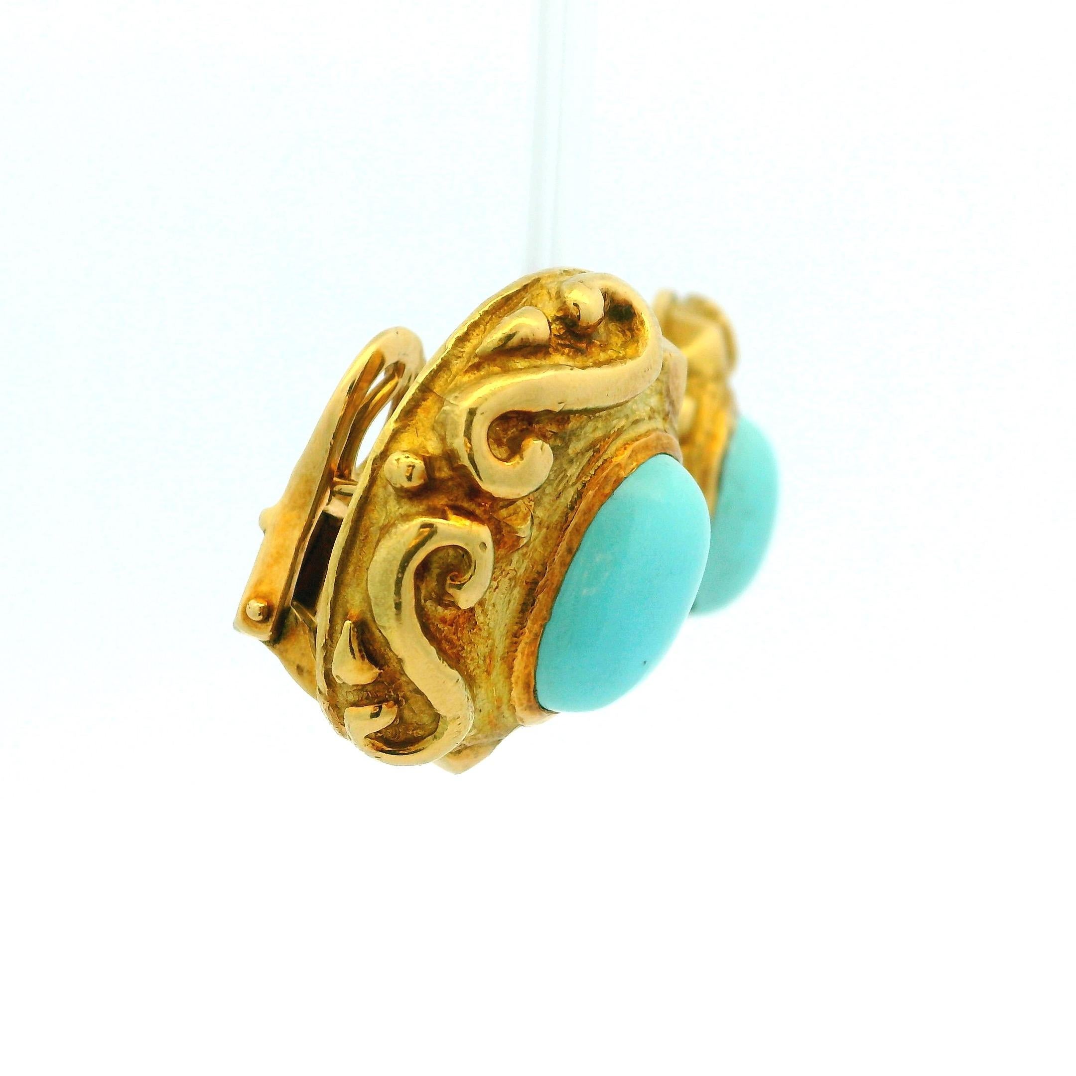 Katy Briscoe Persian Turquoise Cabochon Earrings in 18K Yellow Gold, Circa 1980s For Sale 4