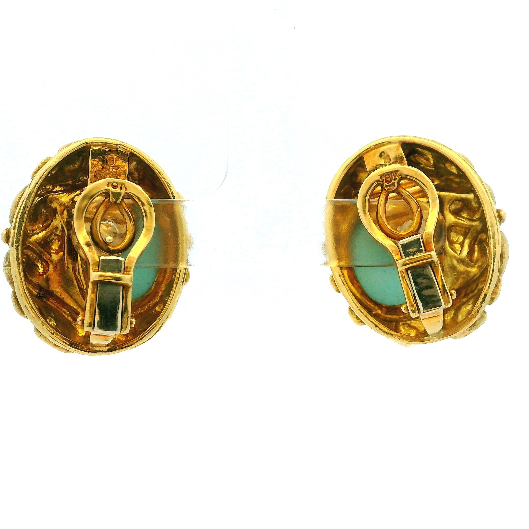 Katy Briscoe Persian Turquoise Cabochon Earrings in 18K Yellow Gold, Circa 1980s For Sale 5
