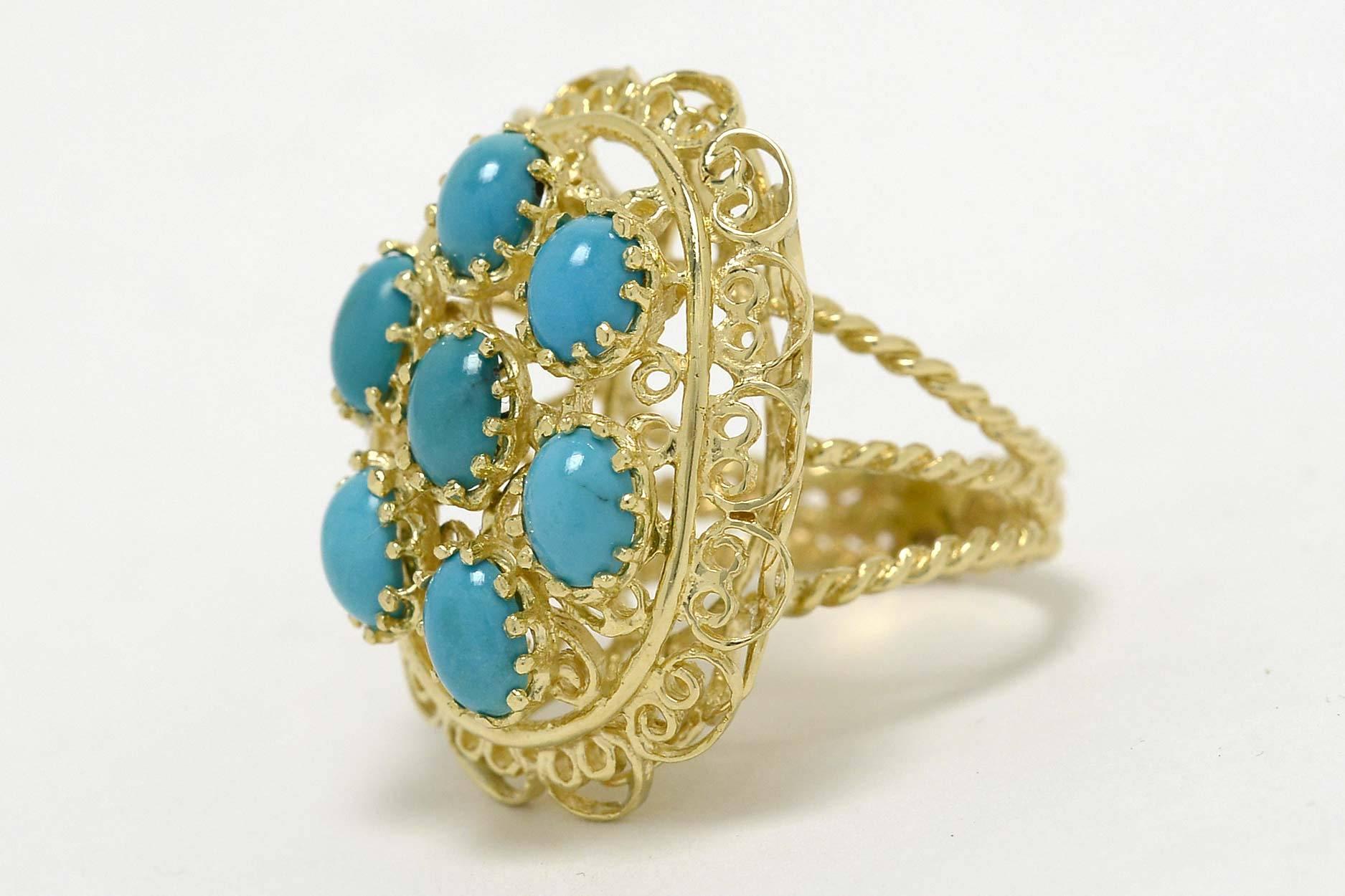 Modernist Persian Turquoise Cocktail Ring Statement Brutalist 1960s Yellow Gold Cluster