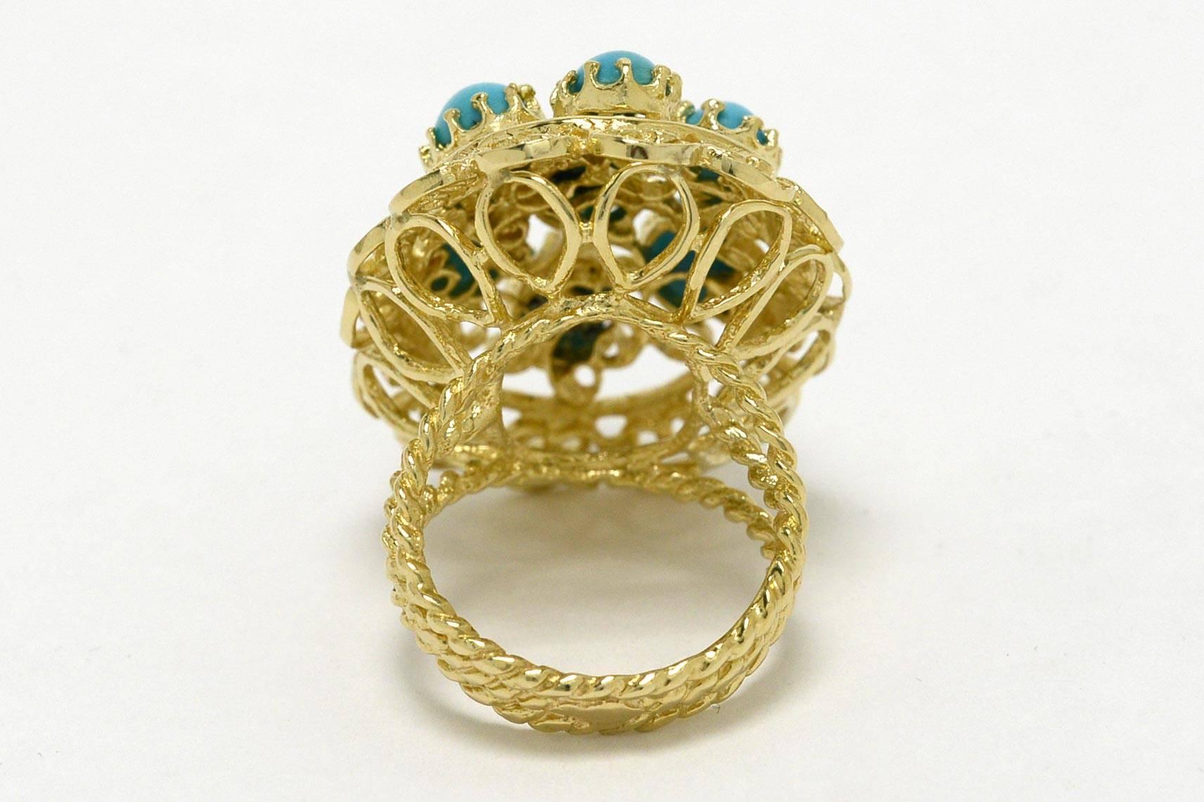 Oval Cut Persian Turquoise Cocktail Ring Statement Brutalist 1960s Yellow Gold Cluster