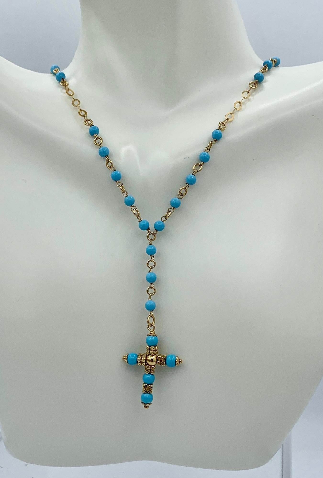 Bead Persian Turquoise Cross Necklace 14 Karat Yellow Gold Antique For Sale