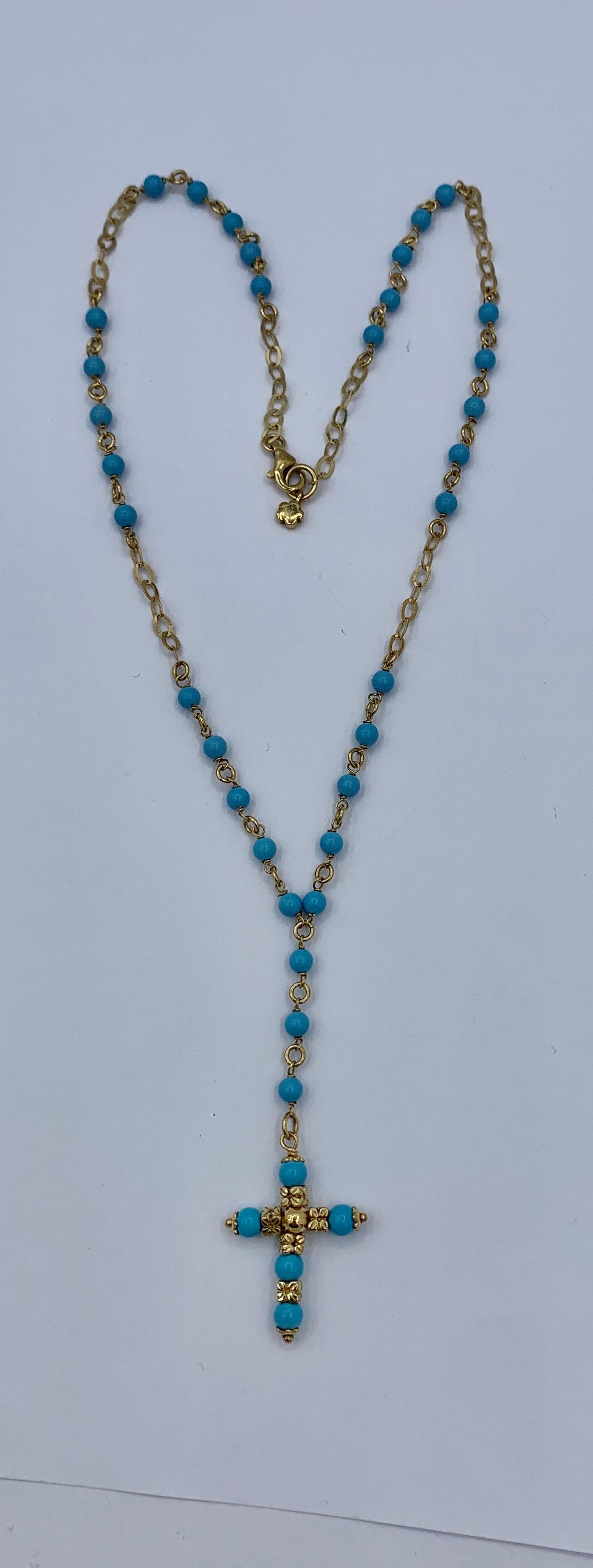 Persische Türkis-Kreuz-Halskette 14 Karat Gelbgold Antike 17 Zoll im Zustand „Hervorragend“ im Angebot in New York, NY