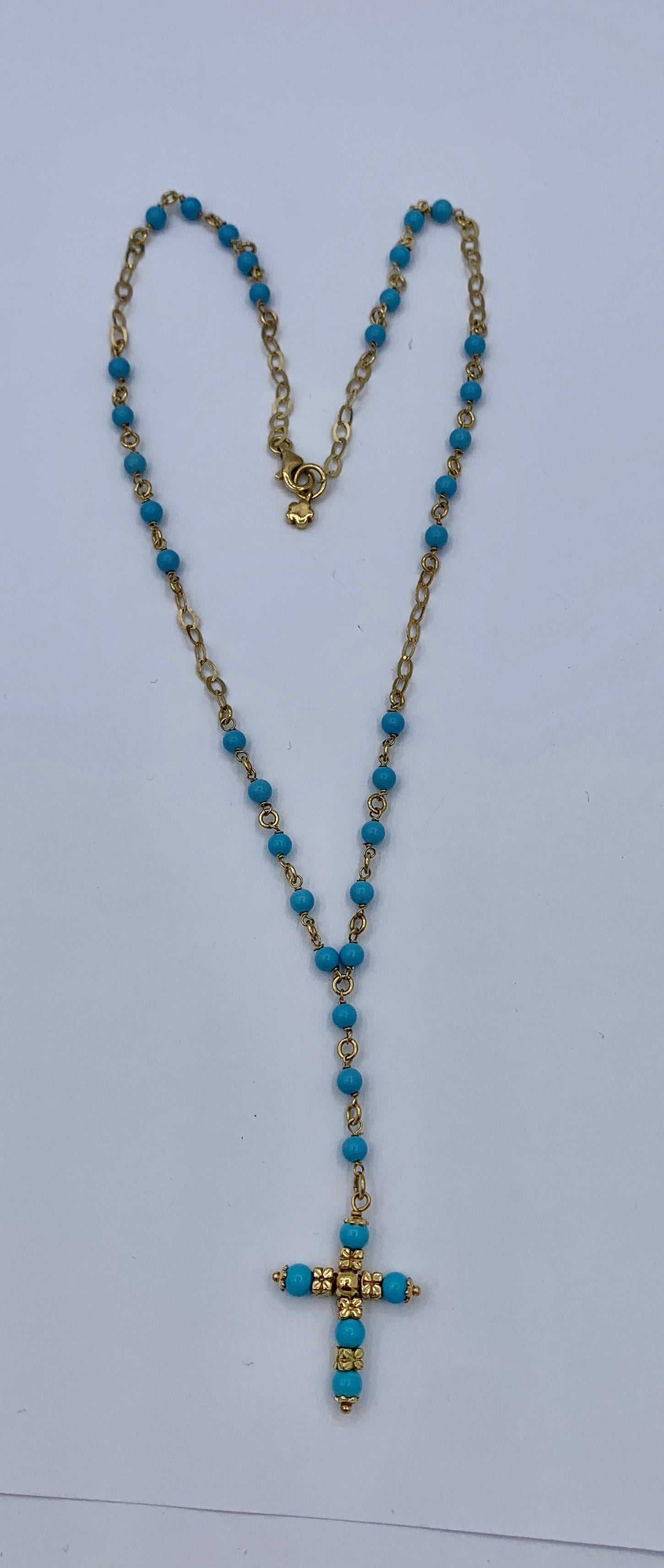 Collier Croix en Turquoise Persane Or Jaune 14 Carats Antique 17 Pouces en vente 1