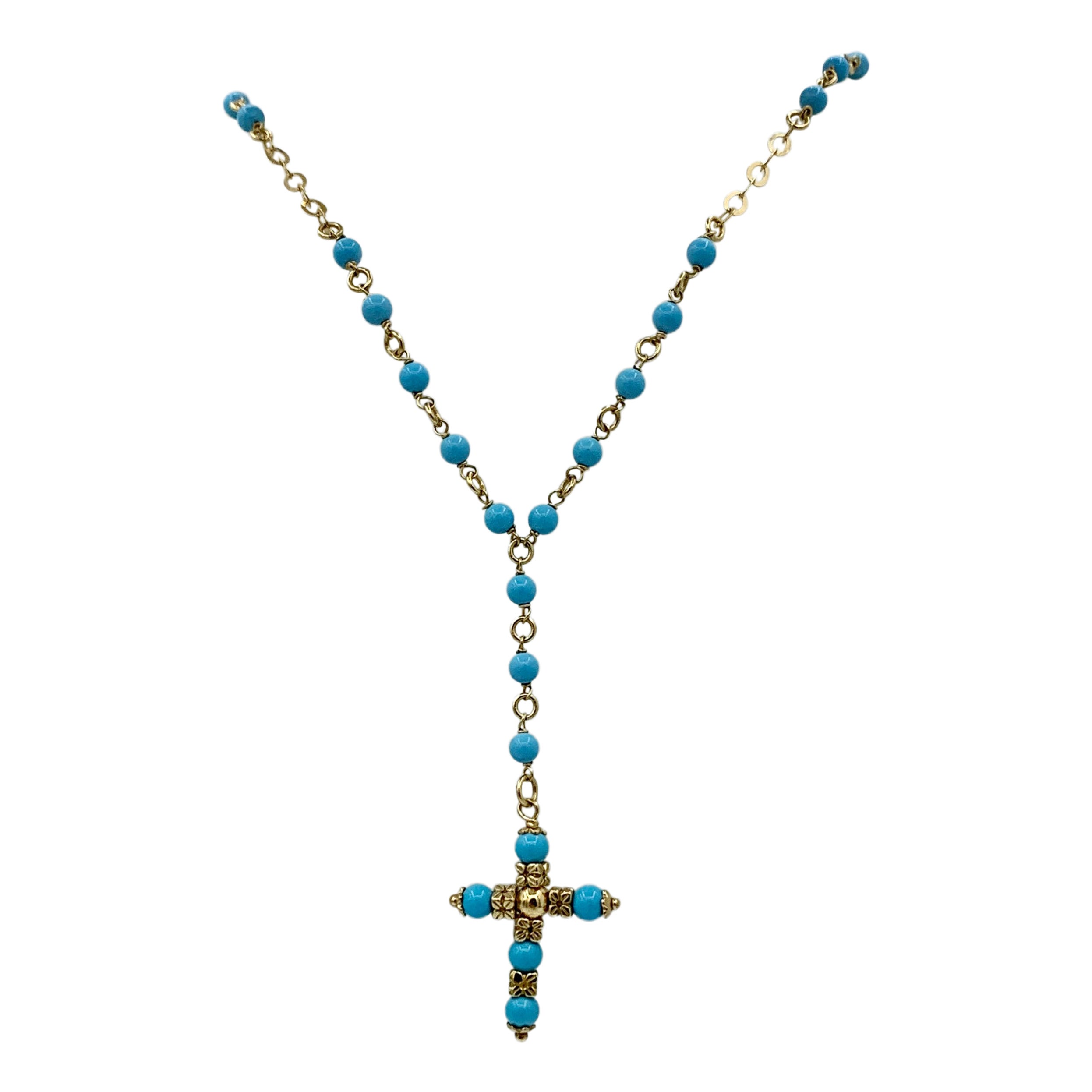 Persian Turquoise Cross Necklace 14 Karat Yellow Gold Antique