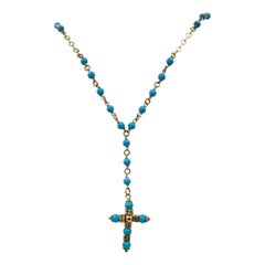 Persian Turquoise Cross Necklace 14 Karat Yellow Gold Antique