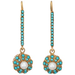 Persian Turquoise Cultured Pearl Earrings Vintage 18 Karat Gold Drops Jewelry