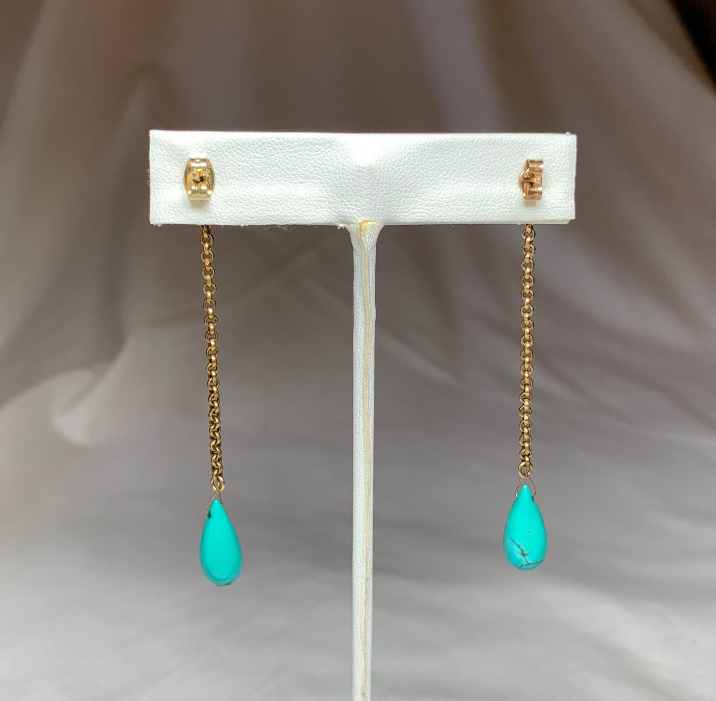 Pear Cut Persian Turquoise Dangle Earrings Gold Antique Pendant