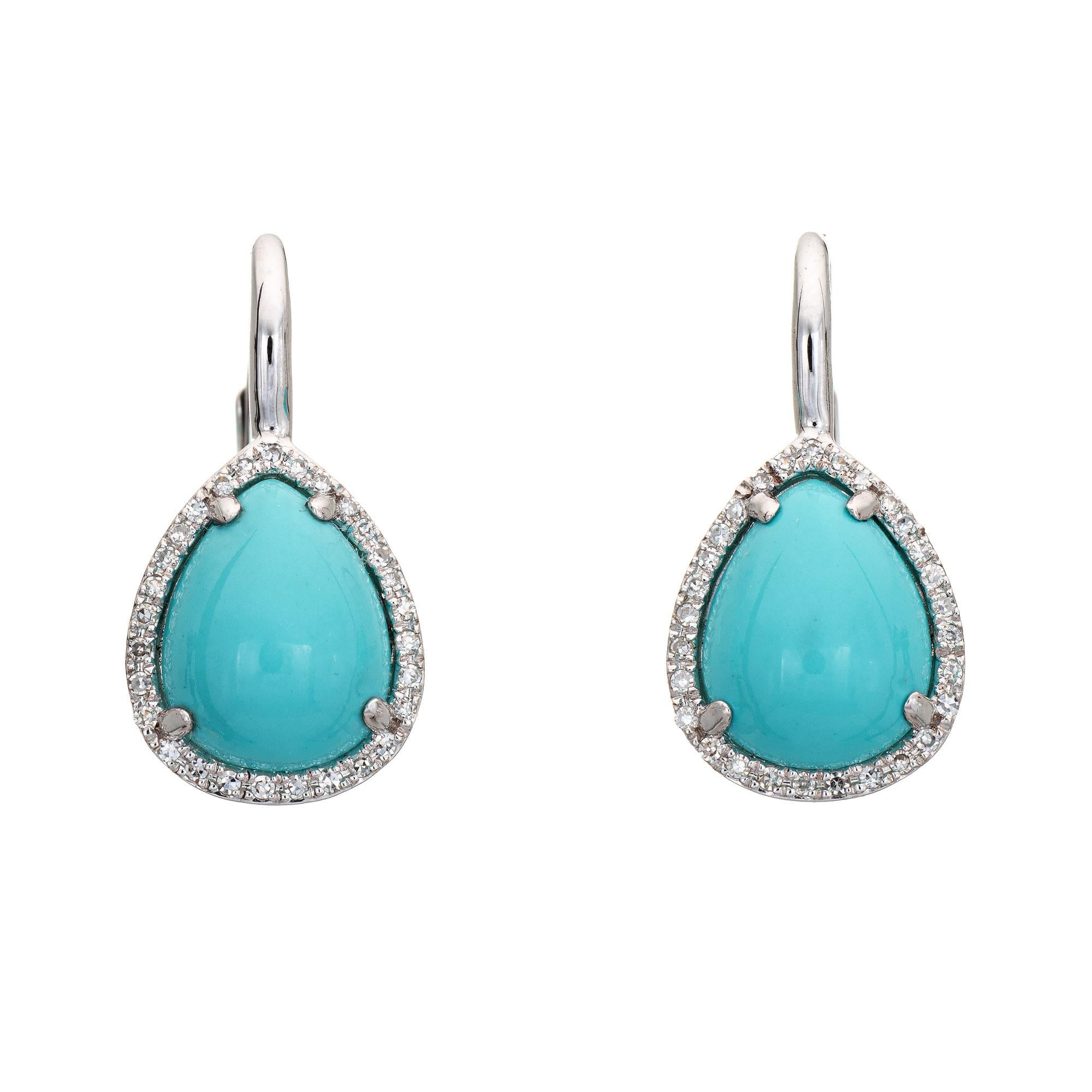 Modern Persian Turquoise Diamond Earrings Estate 14k White Gold Pear Shaped Jewelry