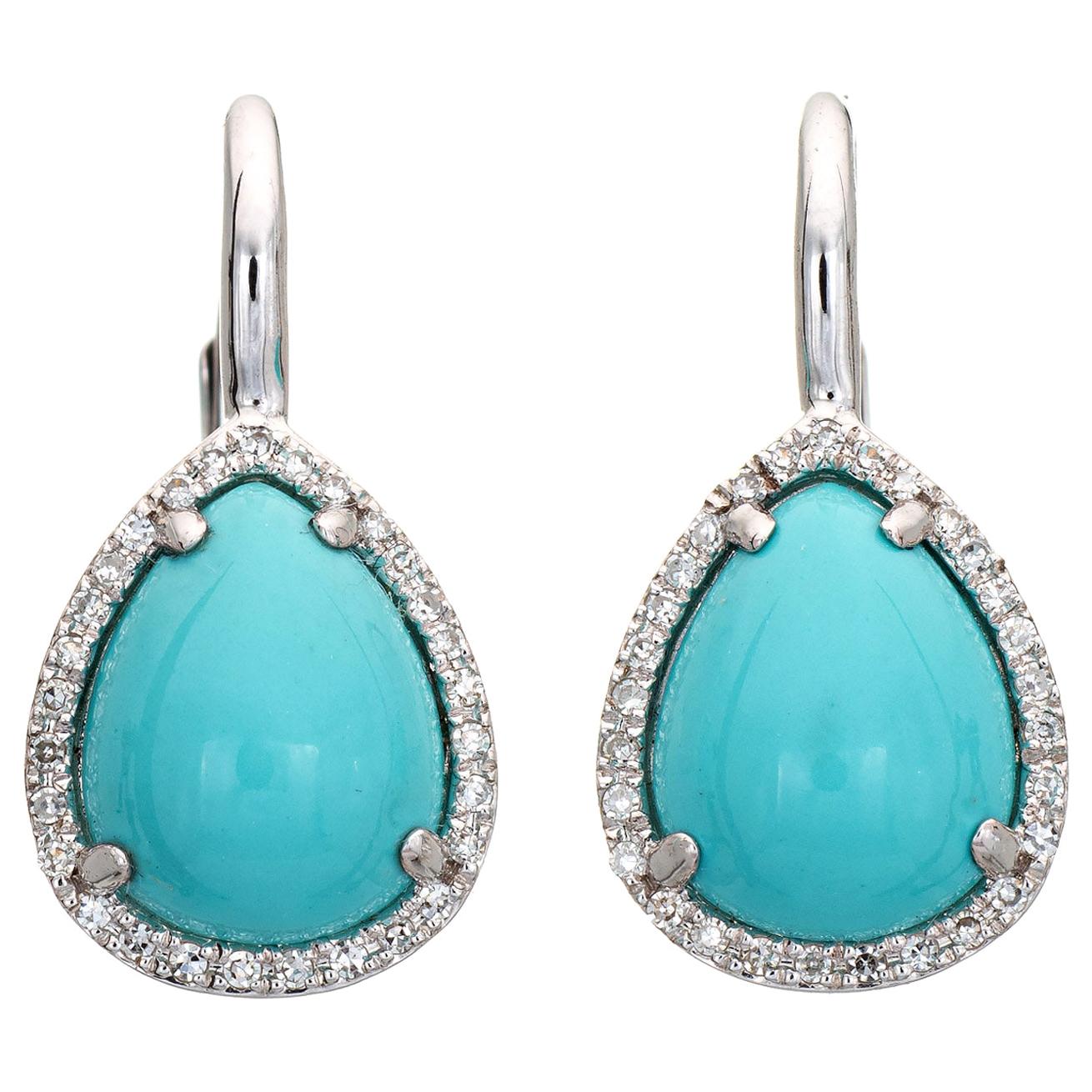 Persian Turquoise Diamond Earrings Estate 14k White Gold Pear Shaped Jewelry
