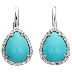 Persian Turquoise Diamond Earrings Estate 14k White Gold Pear Shaped Jewelry
