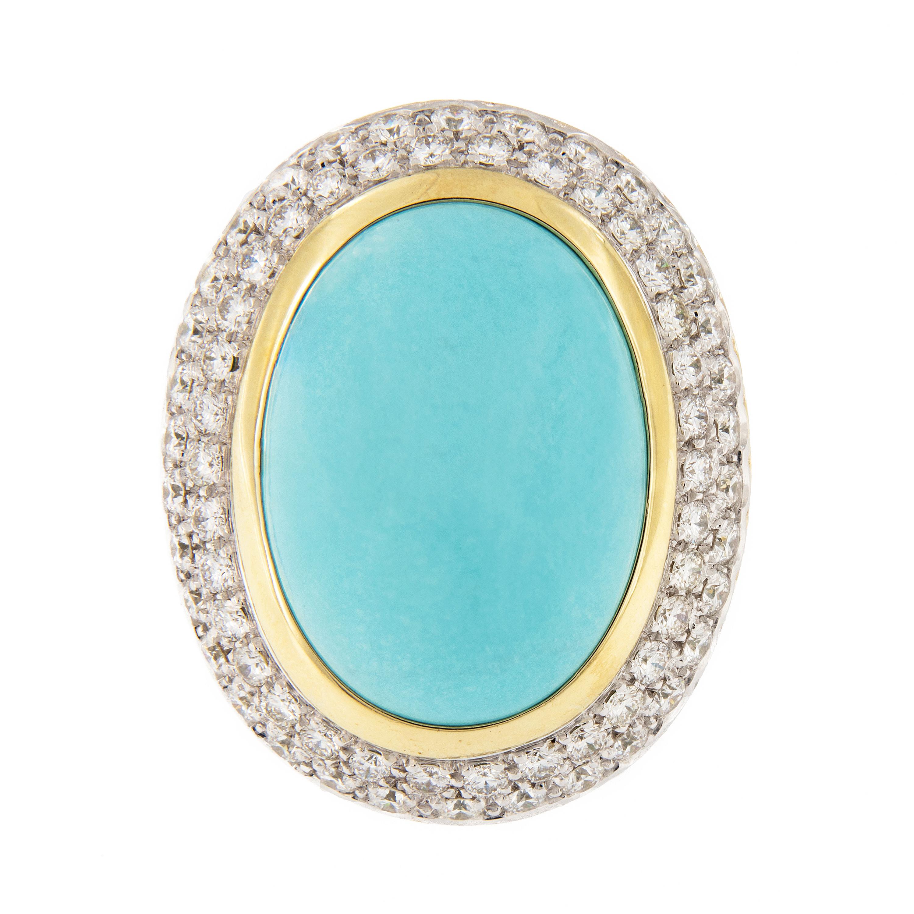 An outstanding display of color and Italian craftsmanship. Persian turquoise is considered the most valuable variety, its robin’s egg blue is arguably the most beautiful turquoise. This ring centers around a cabochon turquoise accented with two