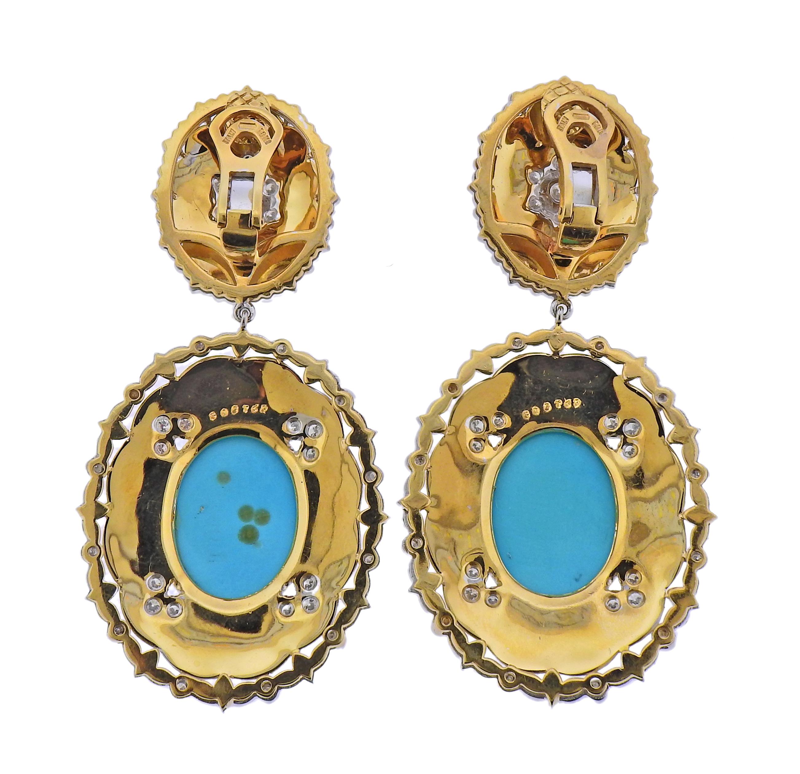 Impressive 18k yellow and white gold drop earrings, made in Italy, set with approx. 2.60ctw in GH/VS-SI diamonds and 20mm x 15mm Persian turquoise.  Earrings are 2.75