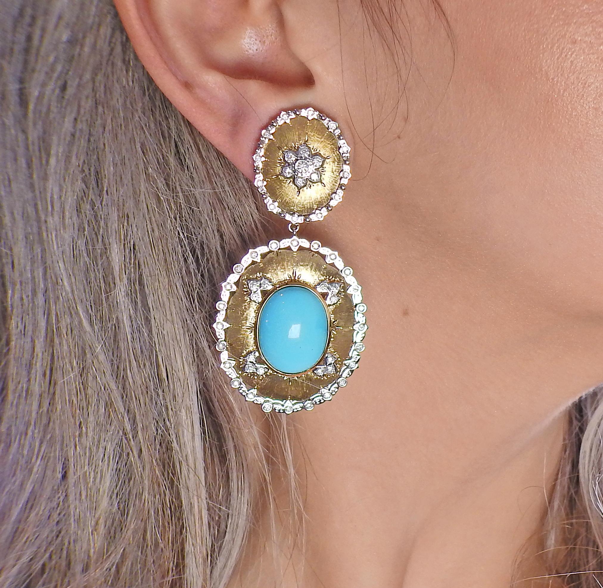 Round Cut Persian Turquoise Diamond Gold Drop Earrings For Sale